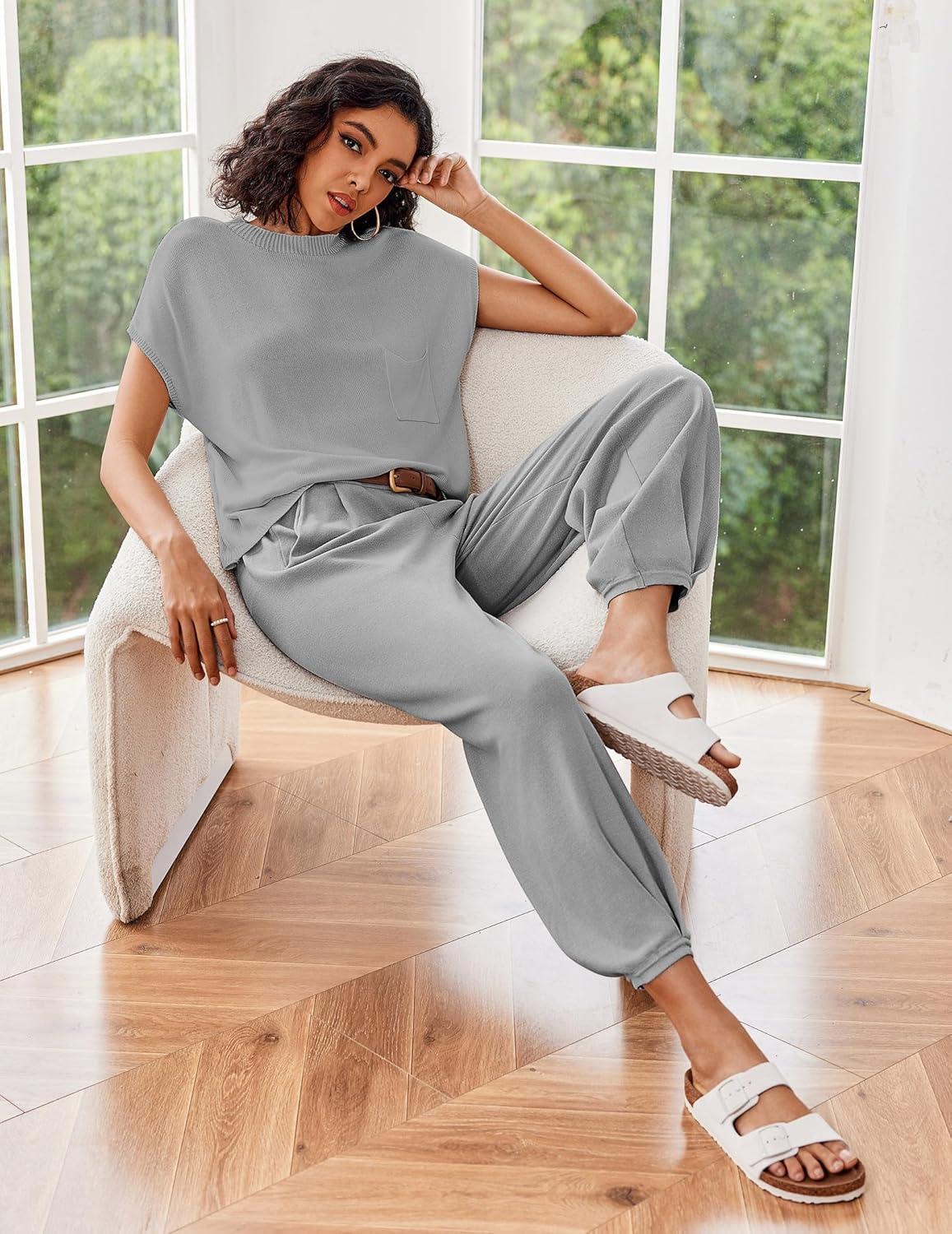 imageEkouaer Two Piece Outfits Lounge Sets for Women Sweater Sets Knit Short Sleeve Tops Jogger Pants Matching TracksuitGrey