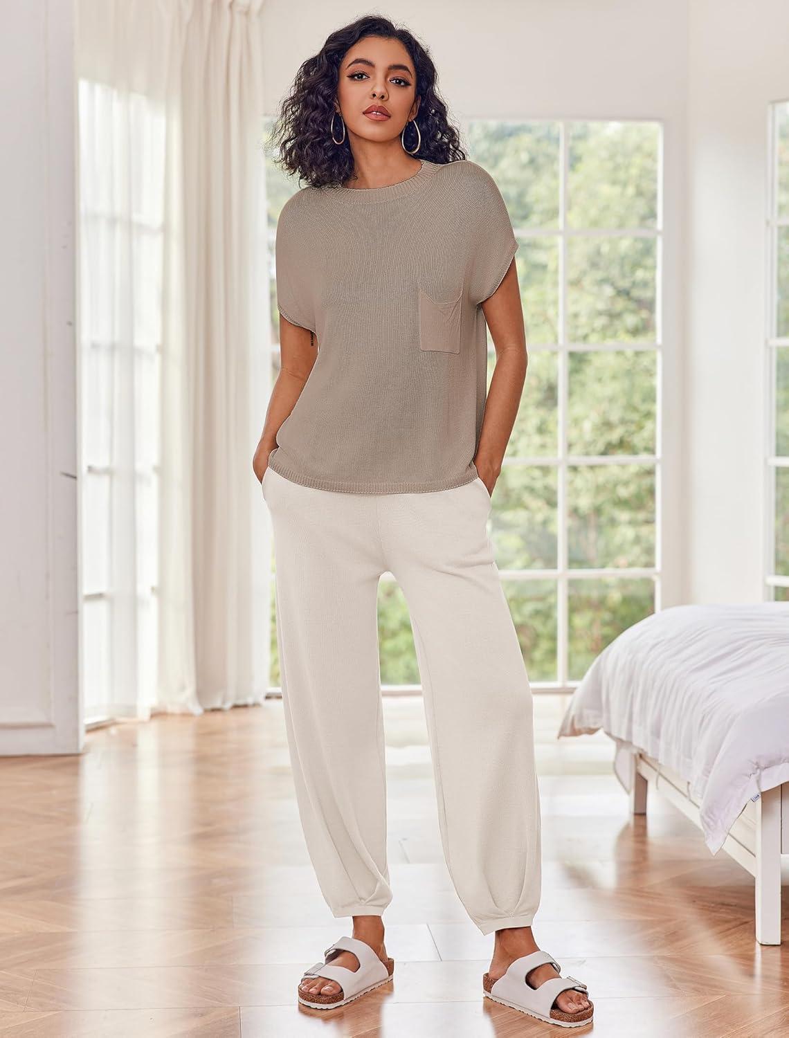 imageEkouaer Two Piece Outfits Lounge Sets for Women Sweater Sets Knit Short Sleeve Tops Jogger Pants Matching TracksuitKhaki
