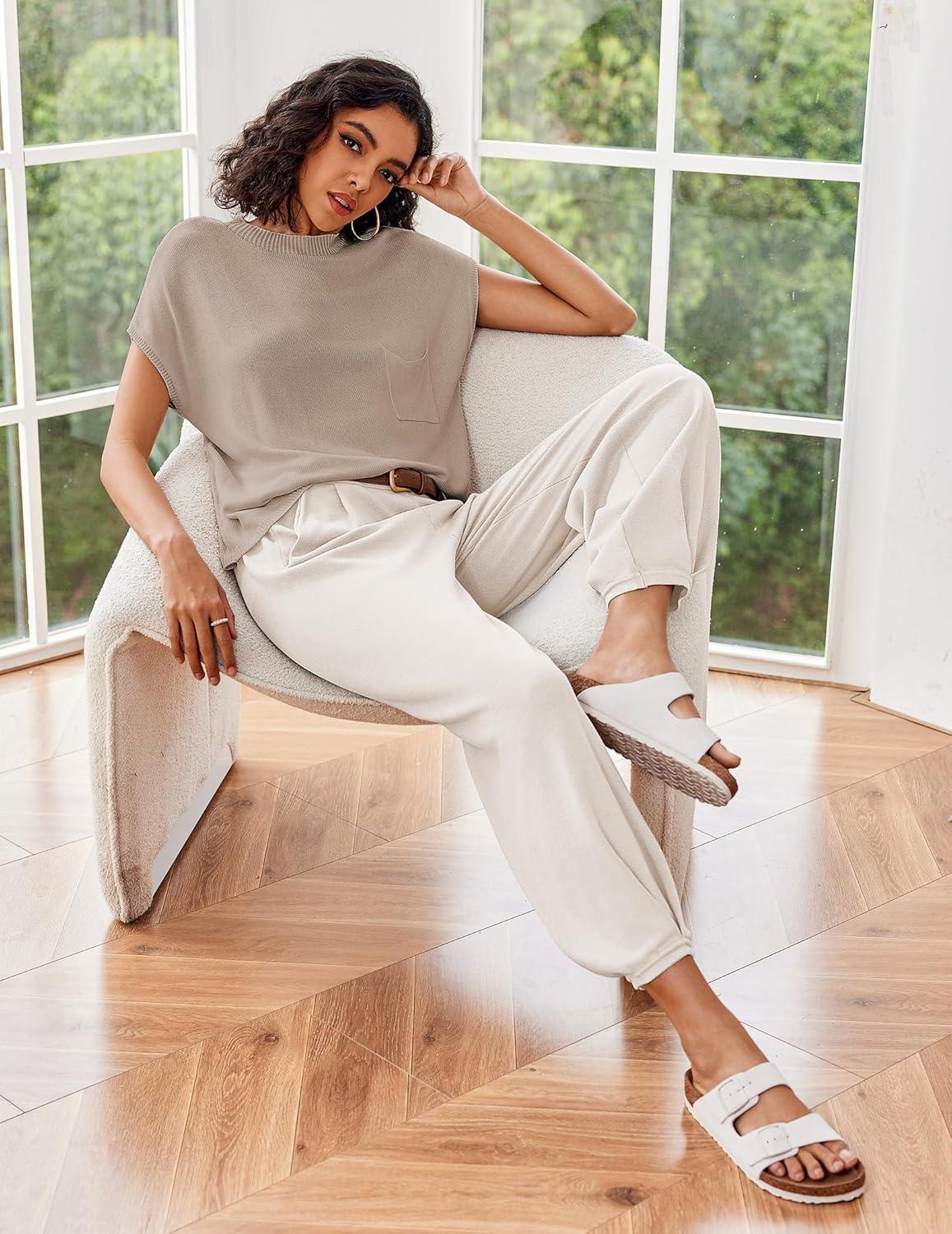 imageEkouaer Two Piece Outfits Lounge Sets for Women Sweater Sets Knit Short Sleeve Tops Jogger Pants Matching TracksuitKhaki