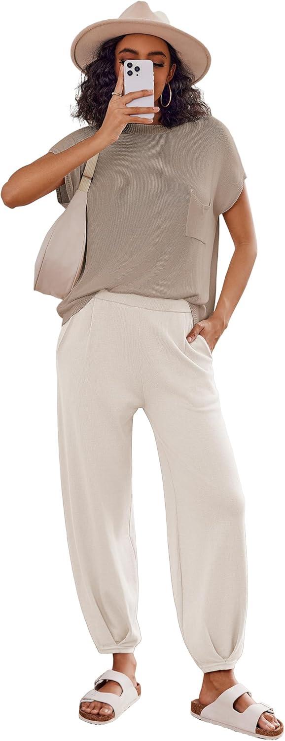 imageEkouaer Two Piece Outfits Lounge Sets for Women Sweater Sets Knit Short Sleeve Tops Jogger Pants Matching TracksuitKhaki