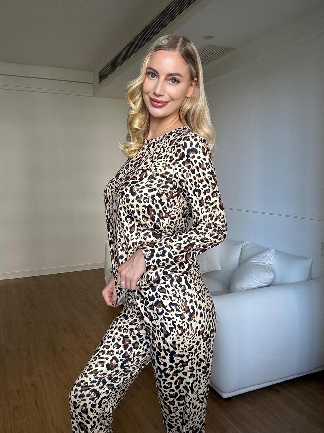 imageEkouaer Valentines Pajamas Womens Long Sleeve Pj Set Soft 2 Piece Loungewear Sleepwear with Jogger Pants XS3XLApricot Leopard Print