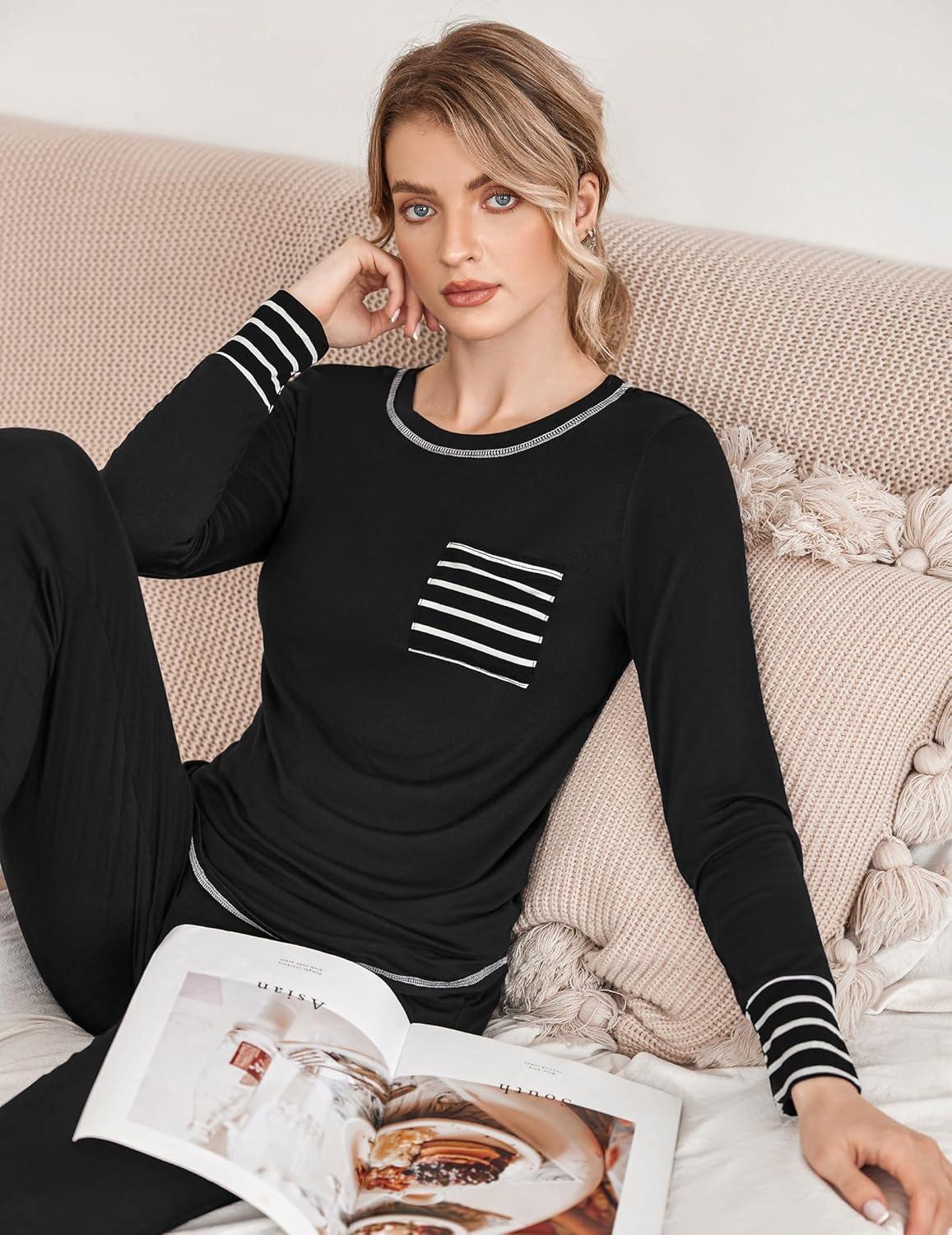 imageEkouaer Valentines Pajamas Womens Long Sleeve Pj Set Soft 2 Piece Loungewear Sleepwear with Jogger Pants XS3XLBlack