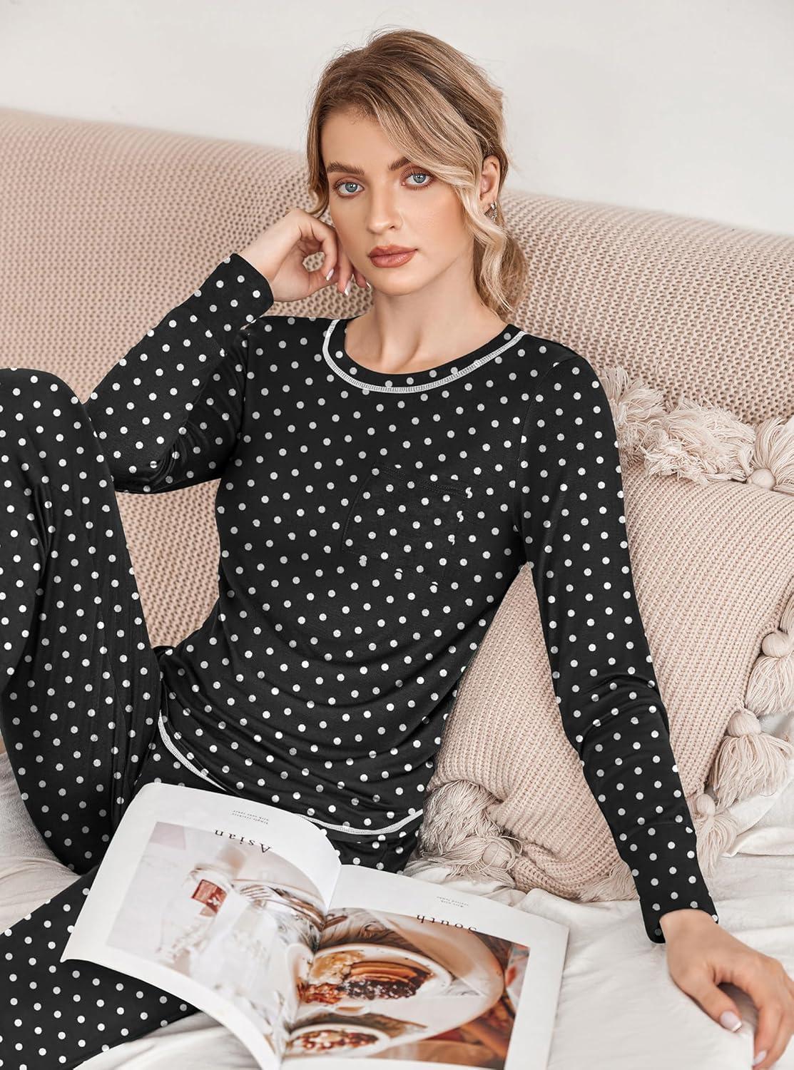 imageEkouaer Valentines Pajamas Womens Long Sleeve Pj Set Soft 2 Piece Loungewear Sleepwear with Jogger Pants XS3XLBlack Small Point