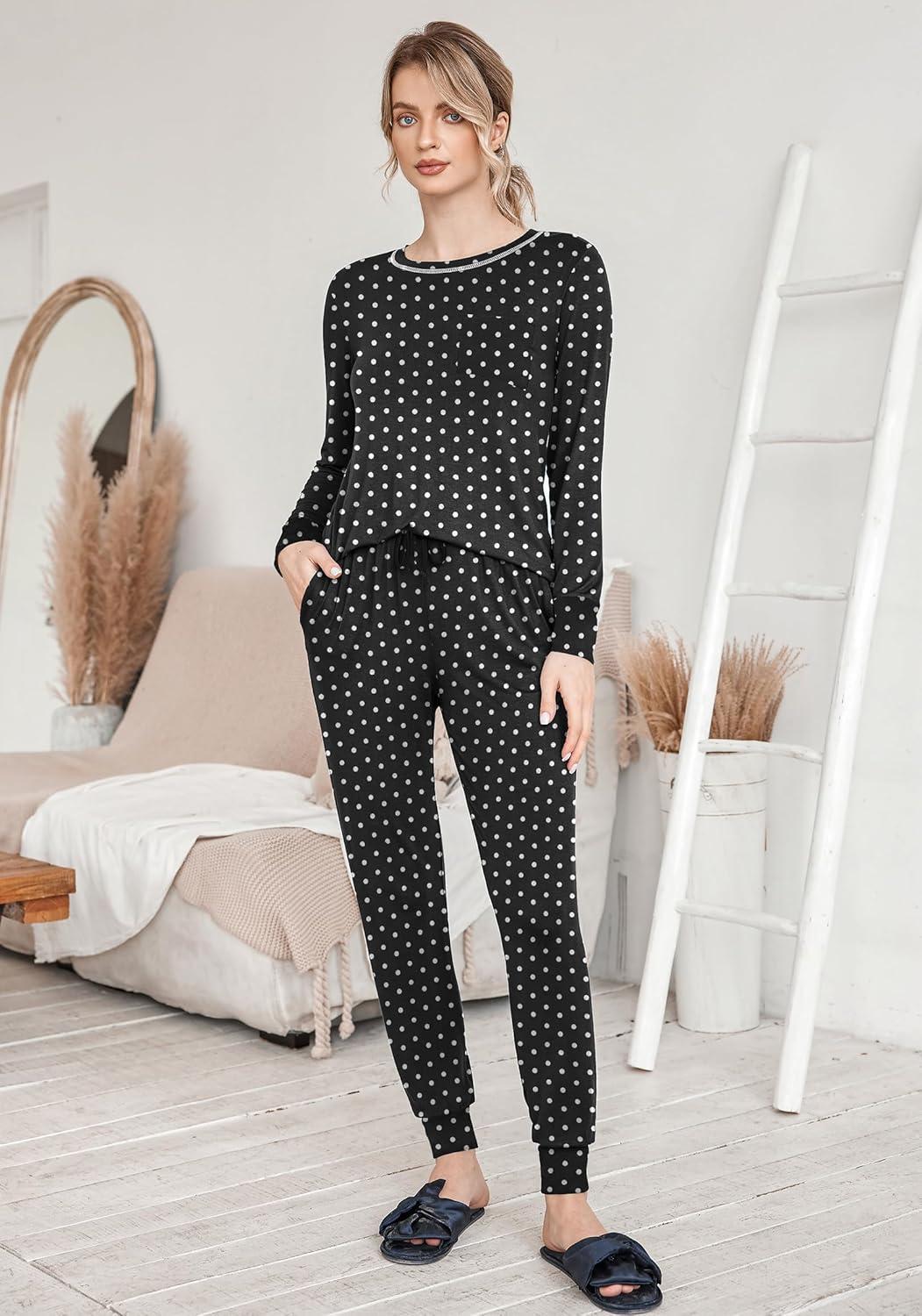 imageEkouaer Valentines Pajamas Womens Long Sleeve Pj Set Soft 2 Piece Loungewear Sleepwear with Jogger Pants XS3XLBlack Small Point