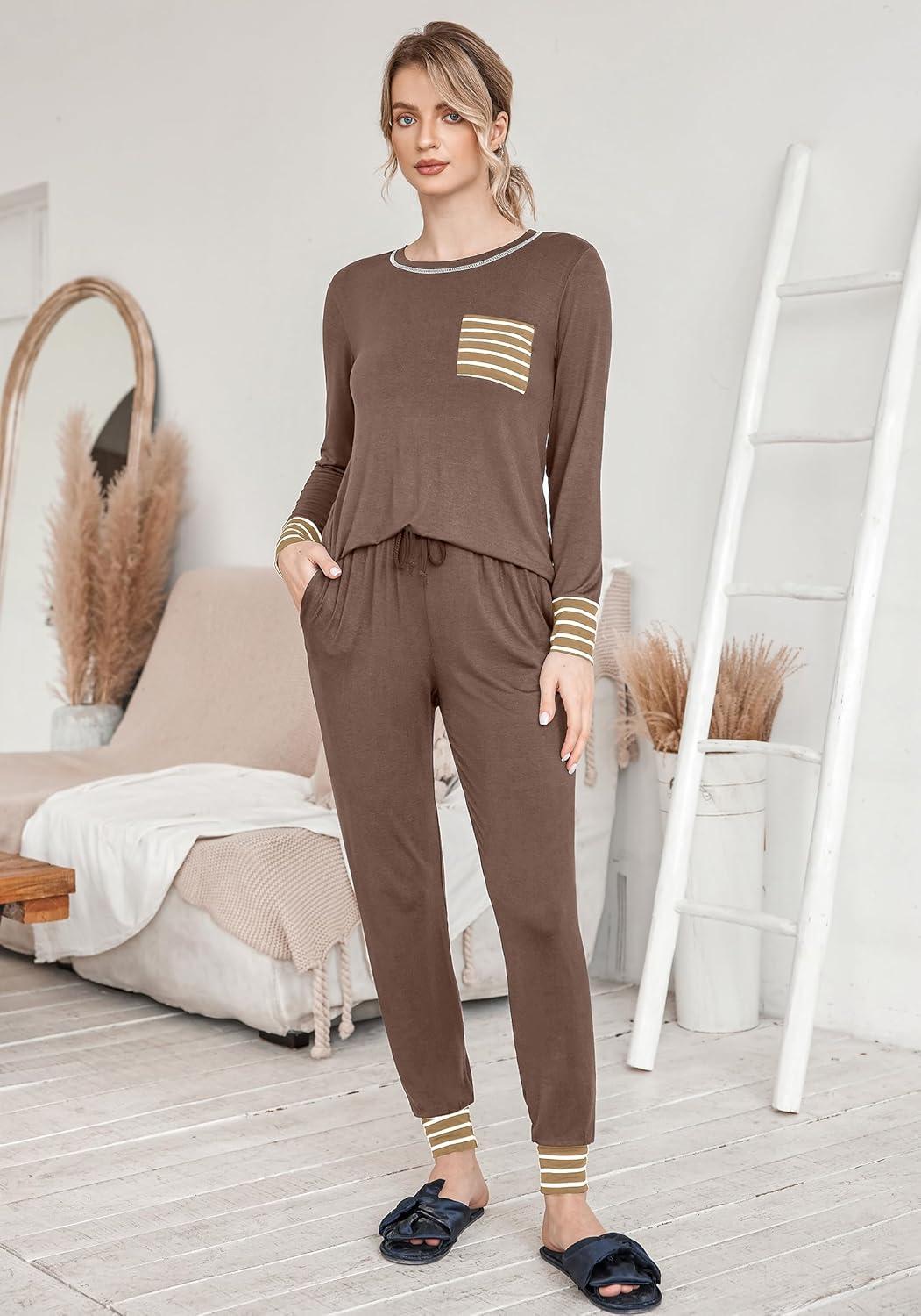 imageEkouaer Valentines Pajamas Womens Long Sleeve Pj Set Soft 2 Piece Loungewear Sleepwear with Jogger Pants XS3XLBrown