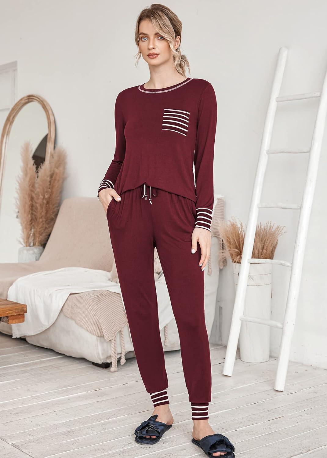 imageEkouaer Valentines Pajamas Womens Long Sleeve Pj Set Soft 2 Piece Loungewear Sleepwear with Jogger Pants XS3XLCherry Red