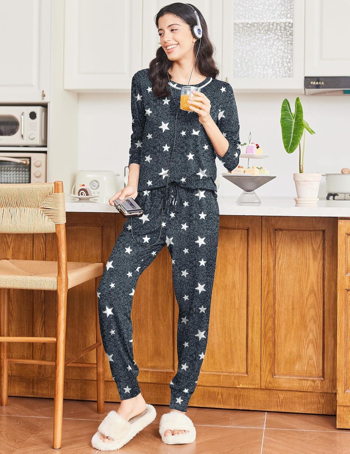 imageEkouaer Valentines Pajamas Womens Long Sleeve Pj Set Soft 2 Piece Loungewear Sleepwear with Jogger Pants XS3XLDeep Grey White Star