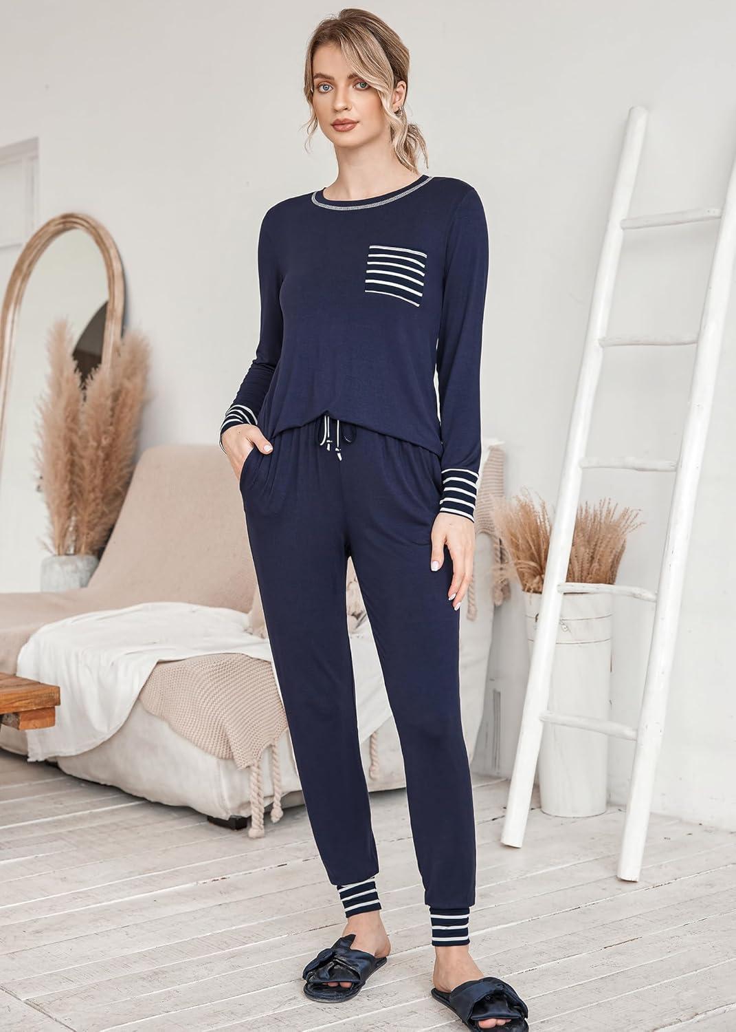 imageEkouaer Valentines Pajamas Womens Long Sleeve Pj Set Soft 2 Piece Loungewear Sleepwear with Jogger Pants XS3XLNavy Blue