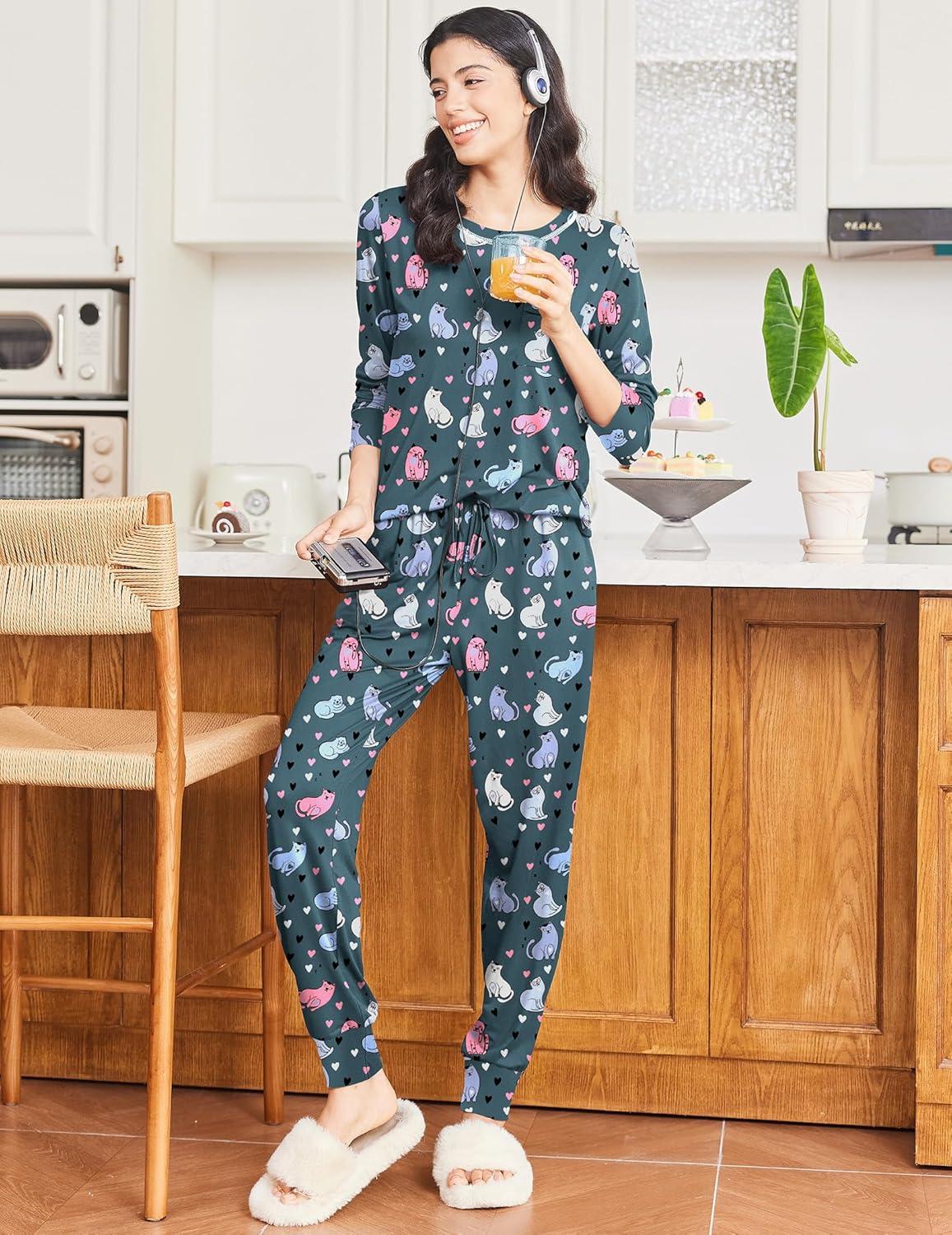 imageEkouaer Valentines Pajamas Womens Long Sleeve Pj Set Soft 2 Piece Loungewear Sleepwear with Jogger Pants XS3XLNavy Cats