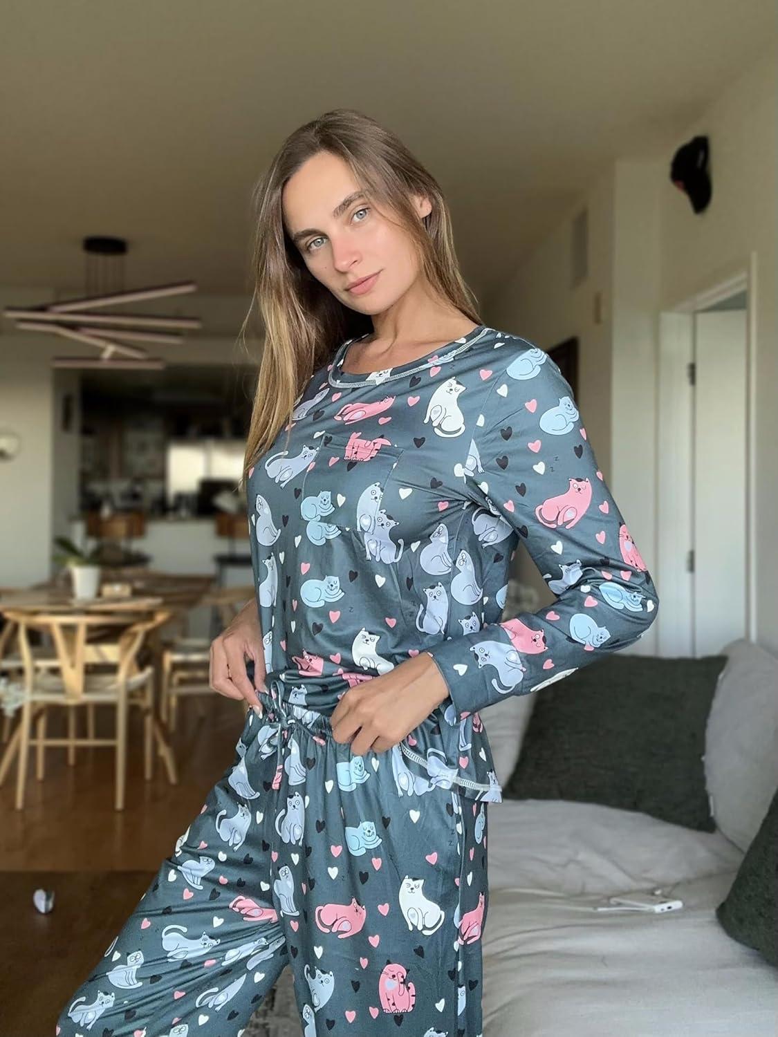 imageEkouaer Valentines Pajamas Womens Long Sleeve Pj Set Soft 2 Piece Loungewear Sleepwear with Jogger Pants XS3XLNavy Cats