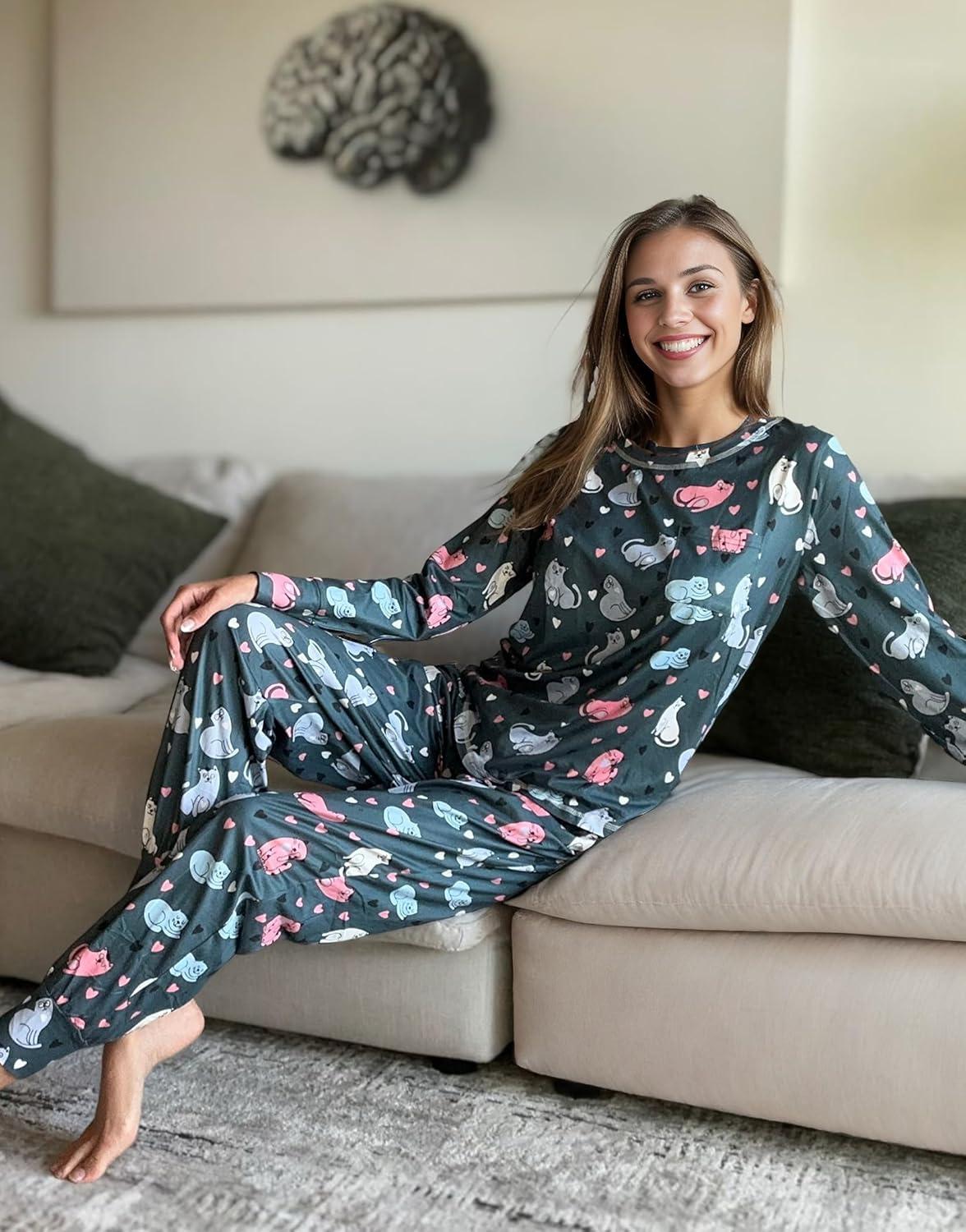 imageEkouaer Valentines Pajamas Womens Long Sleeve Pj Set Soft 2 Piece Loungewear Sleepwear with Jogger Pants XS3XLNavy Cats