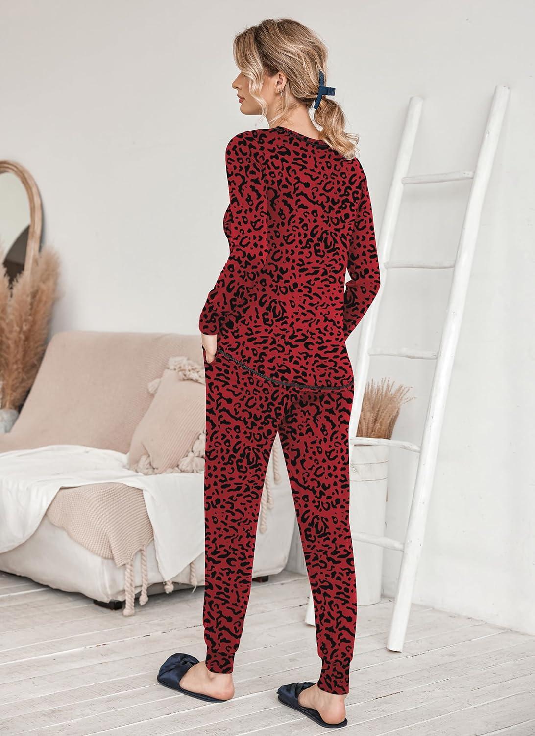 imageEkouaer Valentines Pajamas Womens Long Sleeve Pj Set Soft 2 Piece Loungewear Sleepwear with Jogger Pants XS3XLRed Leopard