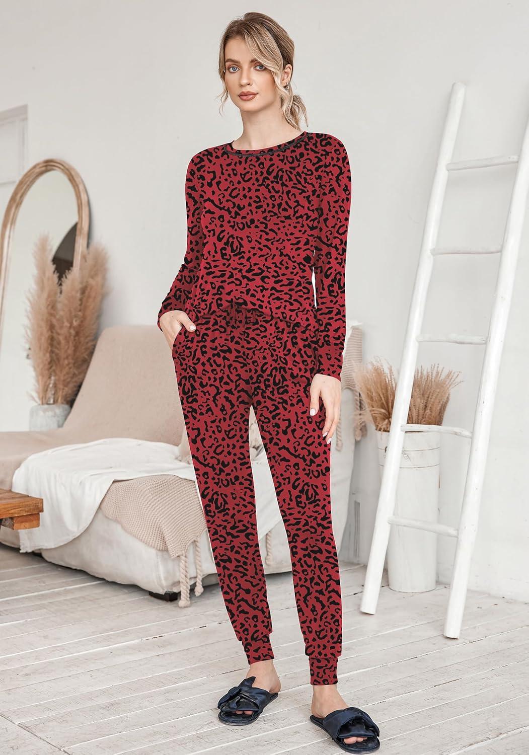 imageEkouaer Valentines Pajamas Womens Long Sleeve Pj Set Soft 2 Piece Loungewear Sleepwear with Jogger Pants XS3XLRed Leopard