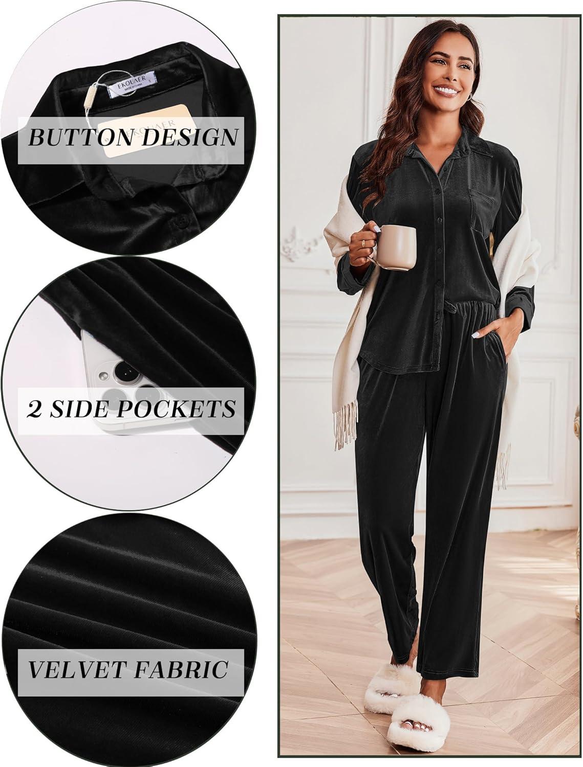 imageEkouaer Velour Track Suits for Women Long Sleeve Pajama Set Casual 2 Piece LoungewearBlack