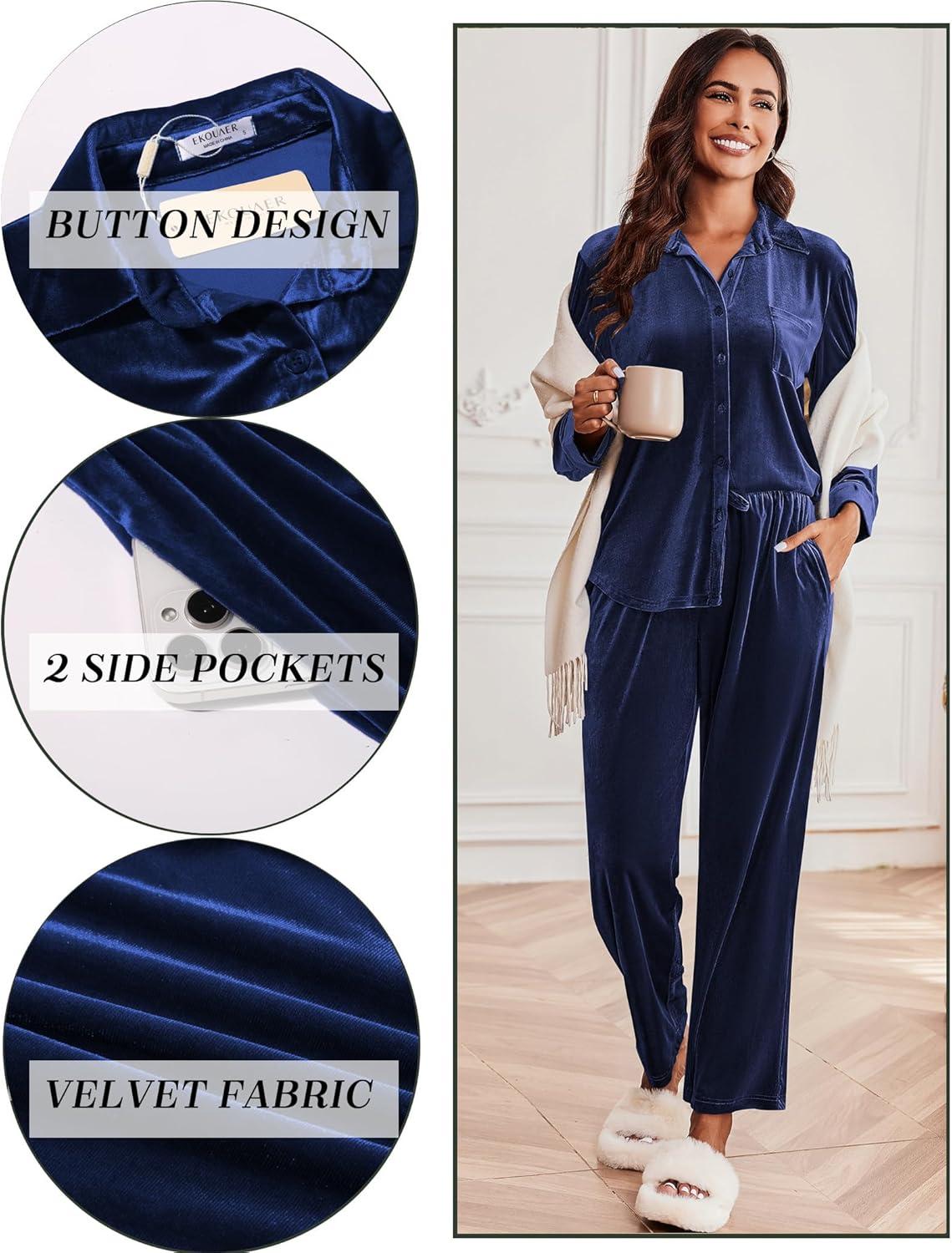 imageEkouaer Velour Track Suits for Women Long Sleeve Pajama Set Casual 2 Piece LoungewearDark Blue