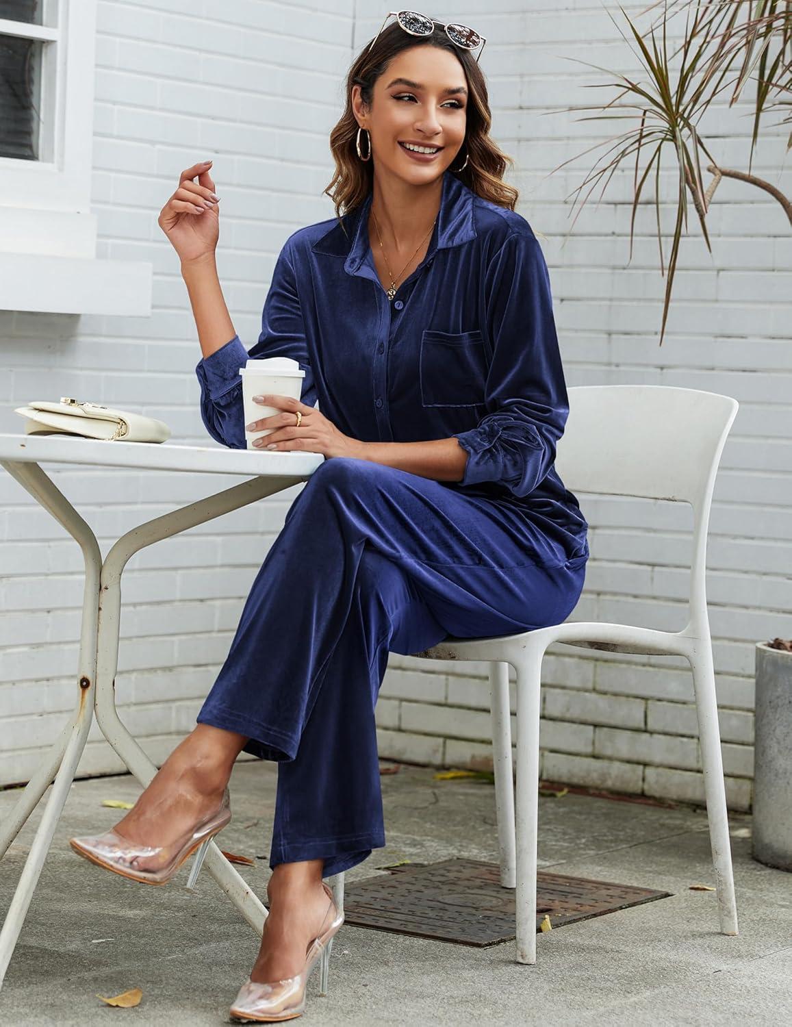imageEkouaer Velour Track Suits for Women Long Sleeve Pajama Set Casual 2 Piece LoungewearDark Blue