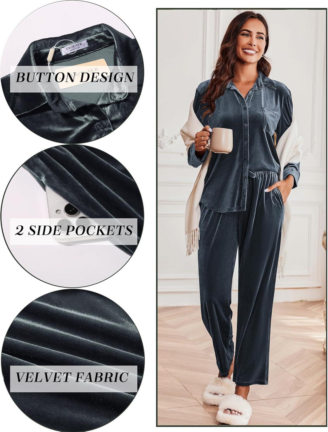 imageEkouaer Velour Track Suits for Women Long Sleeve Pajama Set Casual 2 Piece LoungewearDark Grey