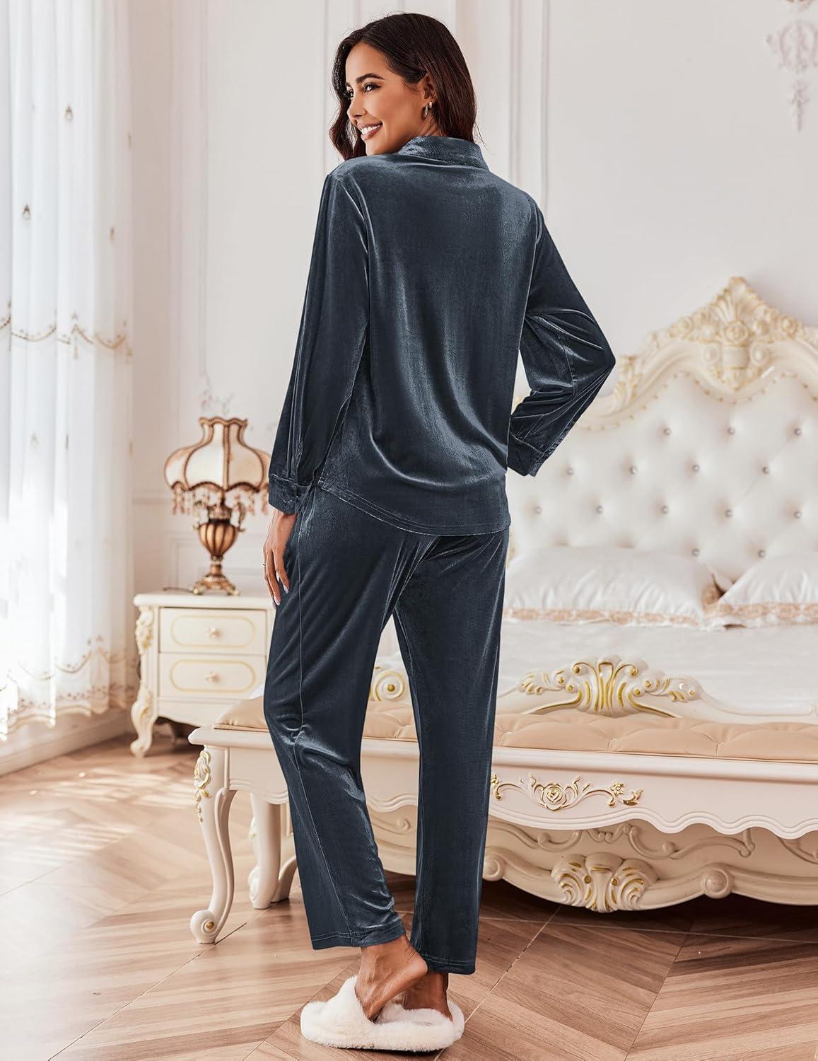 imageEkouaer Velour Track Suits for Women Long Sleeve Pajama Set Casual 2 Piece LoungewearDark Grey