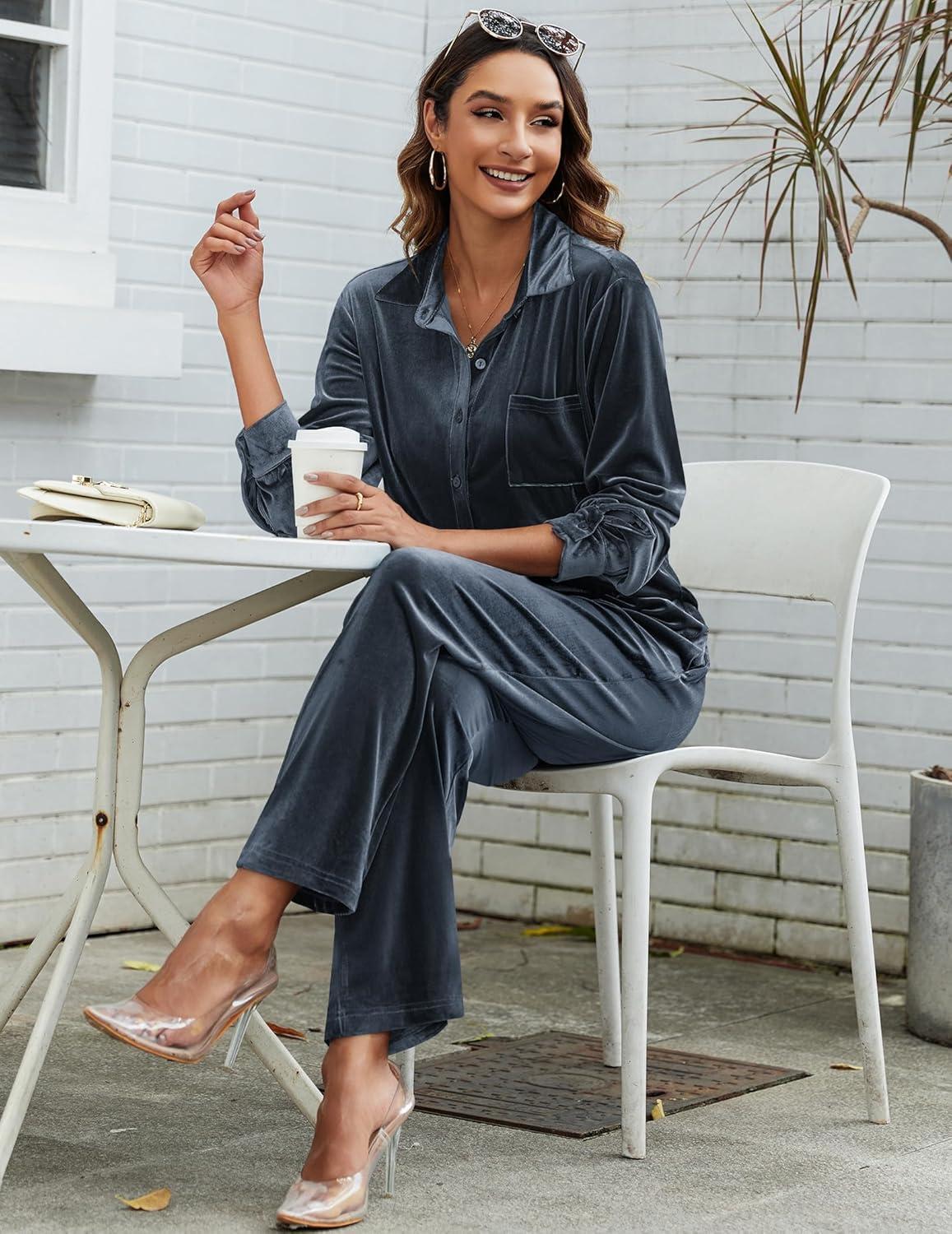 imageEkouaer Velour Track Suits for Women Long Sleeve Pajama Set Casual 2 Piece LoungewearDark Grey