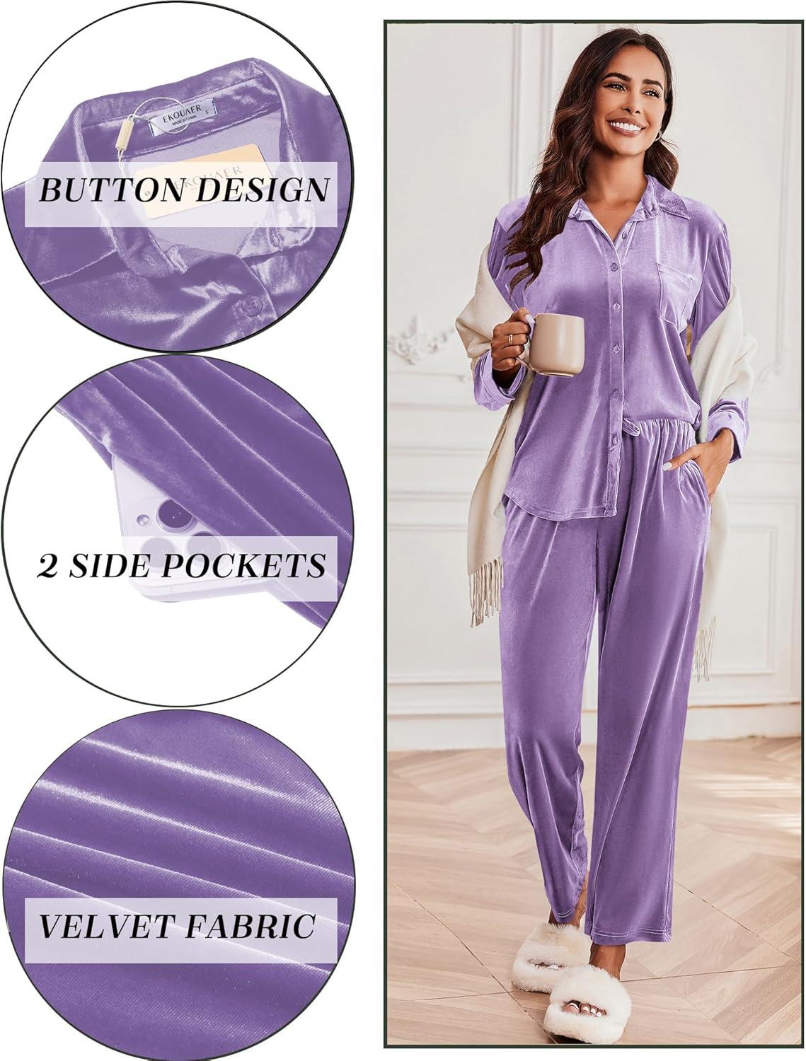 imageEkouaer Velour Track Suits for Women Long Sleeve Pajama Set Casual 2 Piece LoungewearDeep Lilac