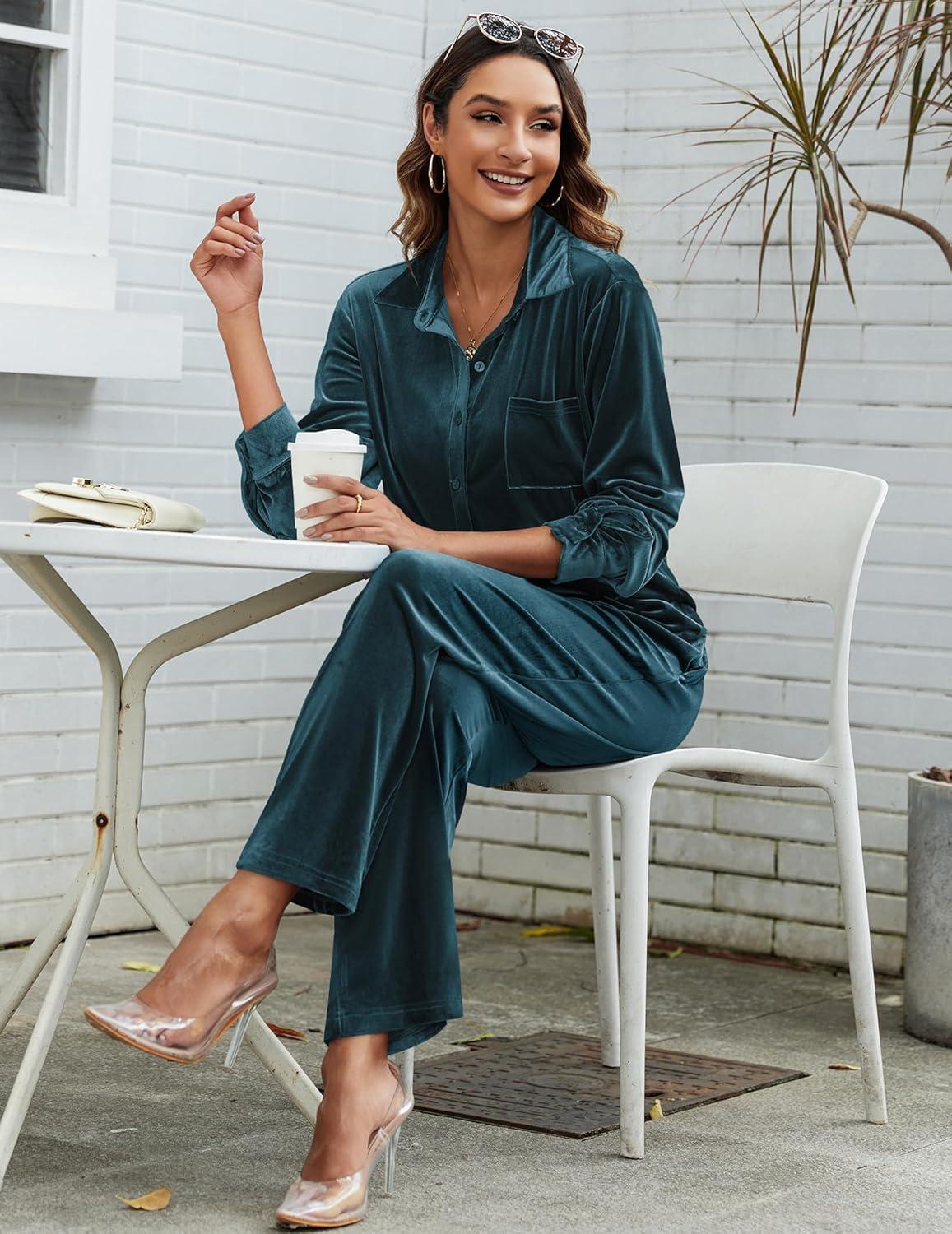 imageEkouaer Velour Track Suits for Women Long Sleeve Pajama Set Casual 2 Piece LoungewearPeacock Blue