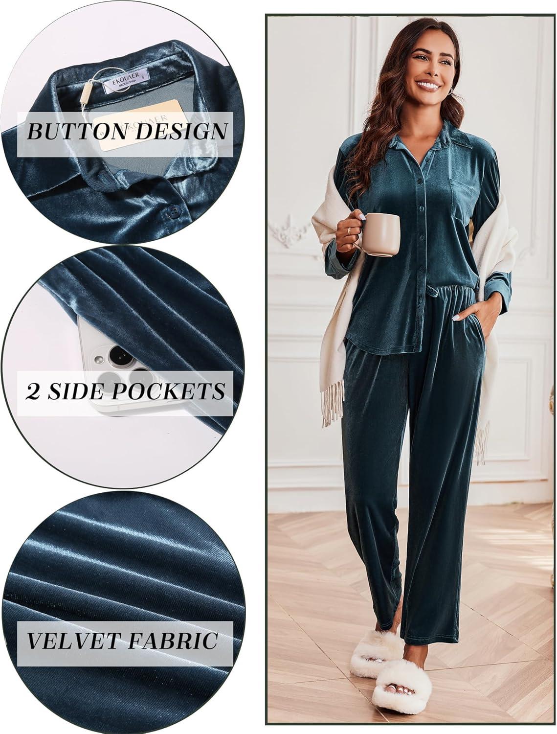 imageEkouaer Velour Track Suits for Women Long Sleeve Pajama Set Casual 2 Piece LoungewearPeacock Blue