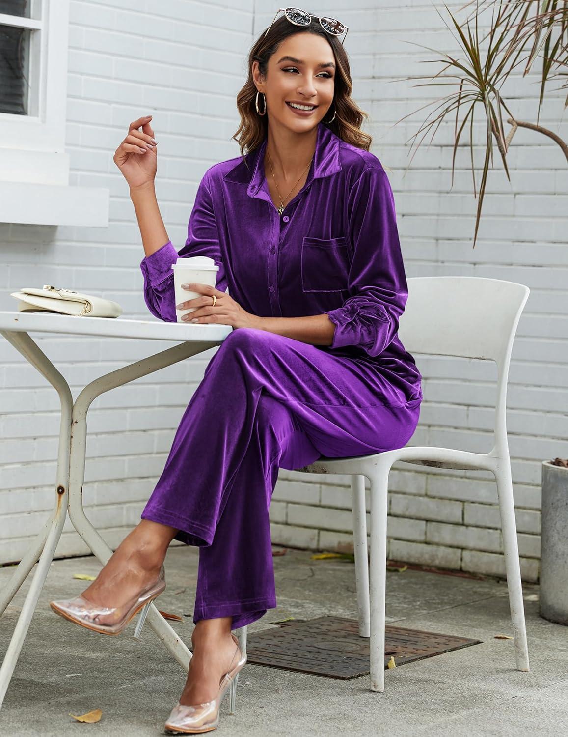 imageEkouaer Velour Track Suits for Women Long Sleeve Pajama Set Casual 2 Piece LoungewearPurple