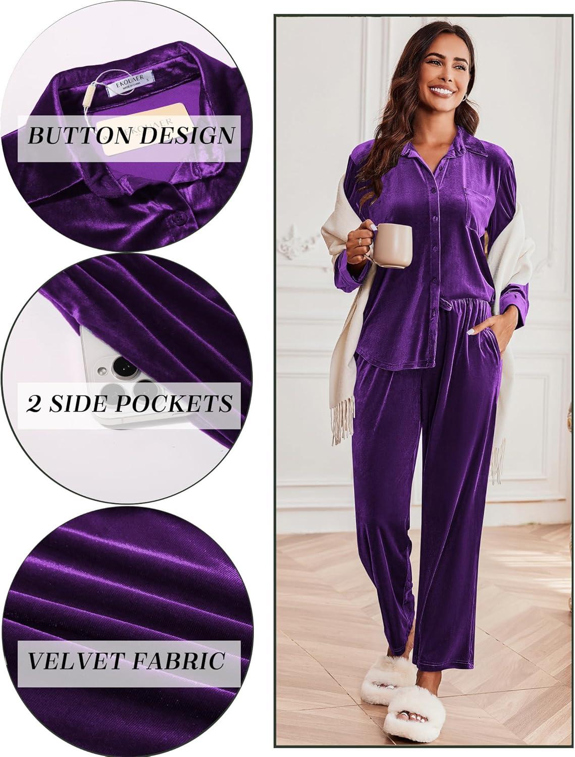 imageEkouaer Velour Track Suits for Women Long Sleeve Pajama Set Casual 2 Piece LoungewearPurple