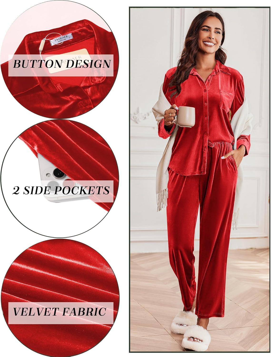 imageEkouaer Velour Track Suits for Women Long Sleeve Pajama Set Casual 2 Piece LoungewearRed