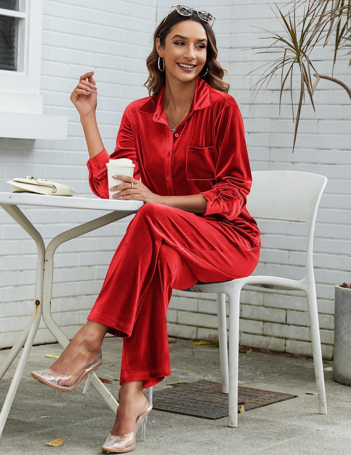 imageEkouaer Velour Track Suits for Women Long Sleeve Pajama Set Casual 2 Piece LoungewearRed