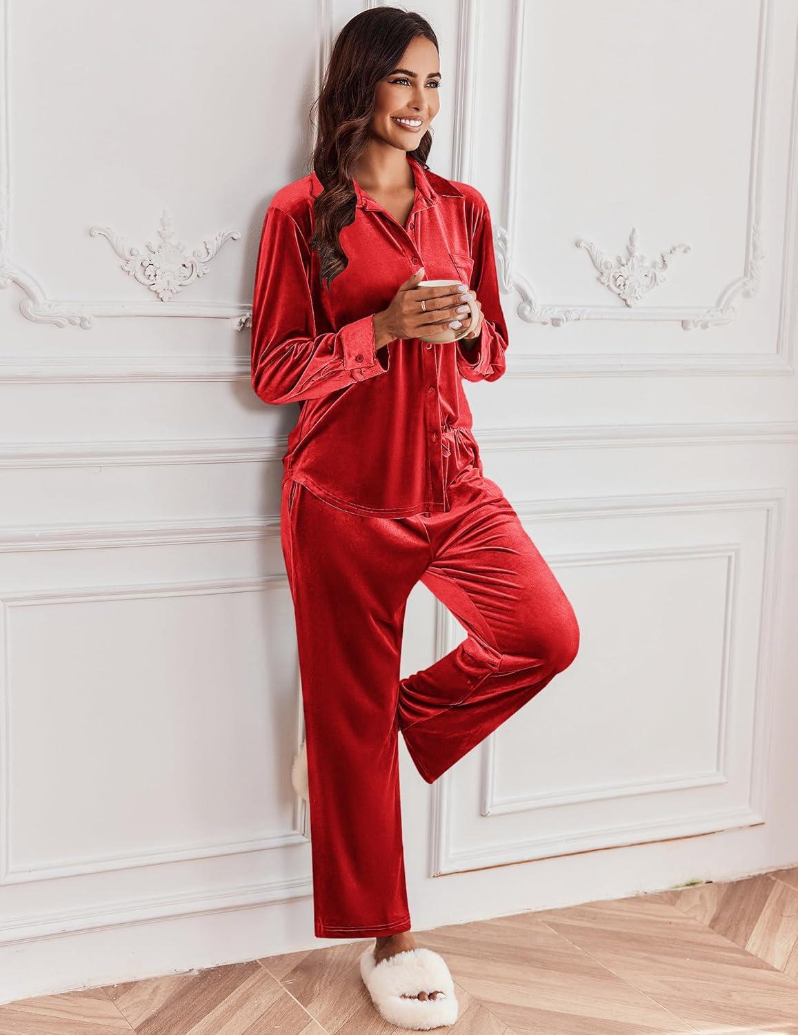 imageEkouaer Velour Track Suits for Women Long Sleeve Pajama Set Casual 2 Piece LoungewearRed