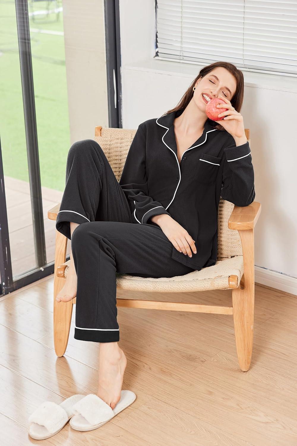 imageEkouaer Womens Fleece Pajama Sets Long Sleeve Button Down Twopiece Sleepwear Soft Lounge SetBlack
