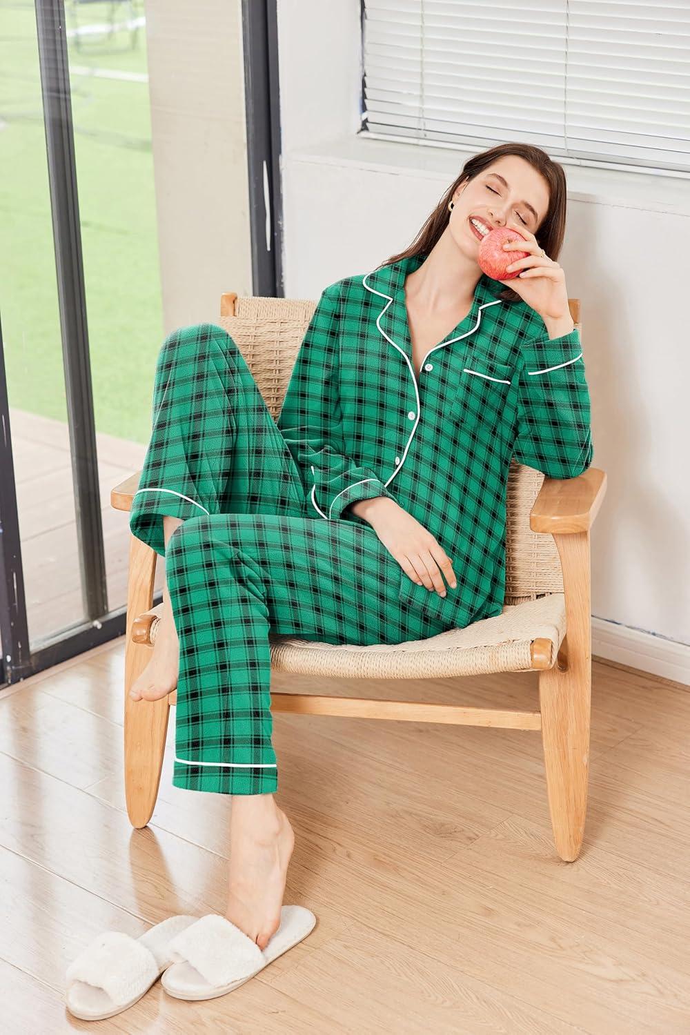 imageEkouaer Womens Fleece Pajama Sets Long Sleeve Button Down Twopiece Sleepwear Soft Lounge SetGreen Plaid