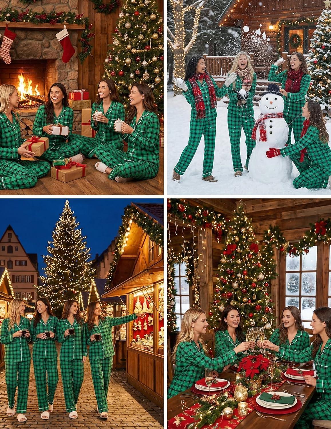 imageEkouaer Womens Fleece Pajama Sets Long Sleeve Button Down Twopiece Sleepwear Soft Lounge SetGreen Plaid