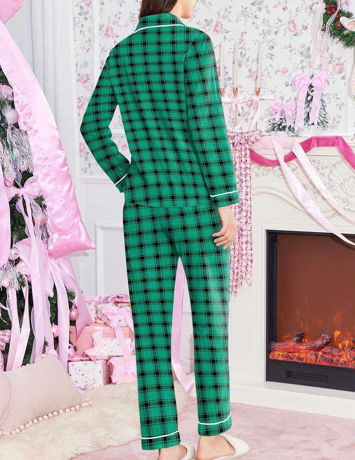 imageEkouaer Womens Fleece Pajama Sets Long Sleeve Button Down Twopiece Sleepwear Soft Lounge SetGreen Plaid