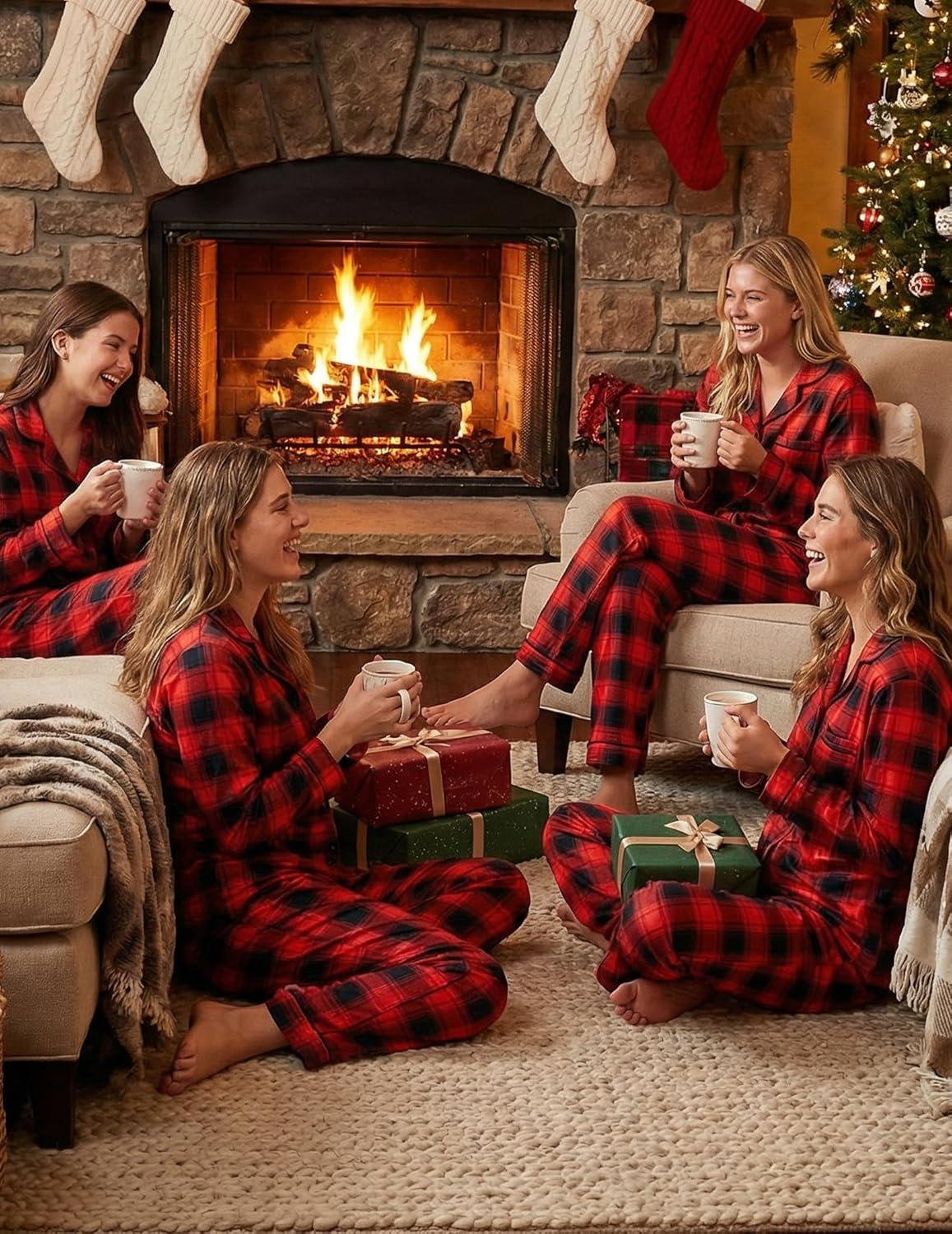 imageEkouaer Womens Fleece Pajama Sets Long Sleeve Button Down Twopiece Sleepwear Soft Lounge SetRed Plaid