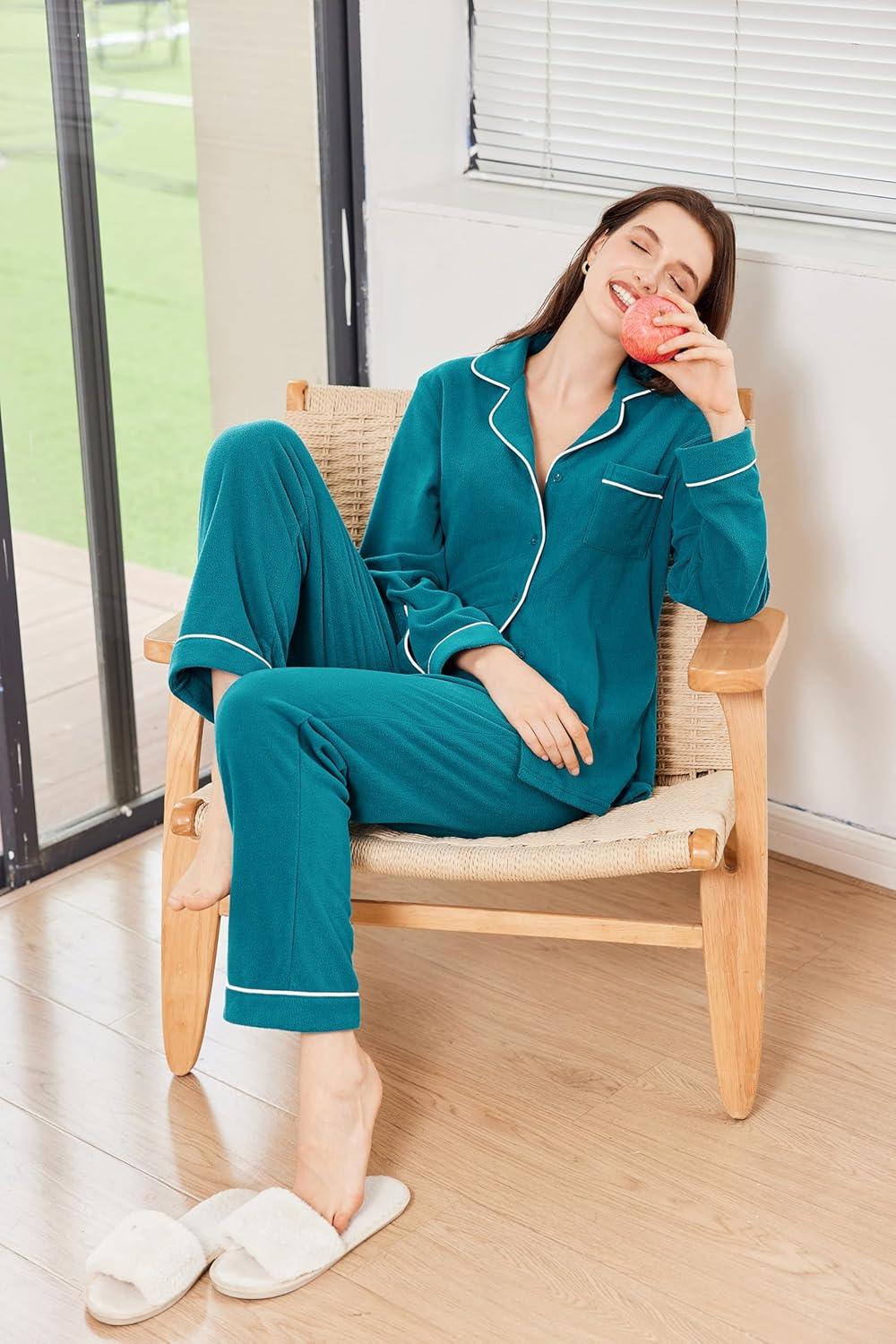 imageEkouaer Womens Fleece Pajama Sets Long Sleeve Button Down Twopiece Sleepwear Soft Lounge SetSee Green