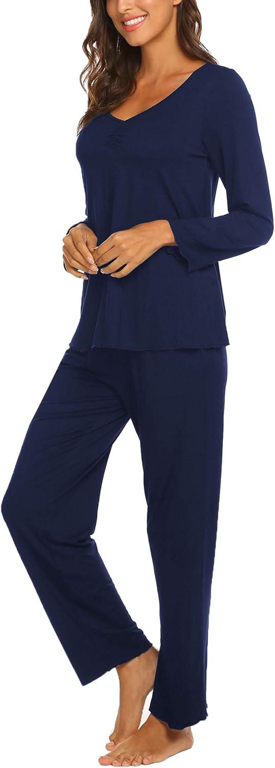 imageEkouaer Womens Pajama Sets 2 Piece Lounge Set Fall Winter Pajamas Long Sleeve Pjs Top and Pants Soft Pj Sets Loose SleepwearDark Blue