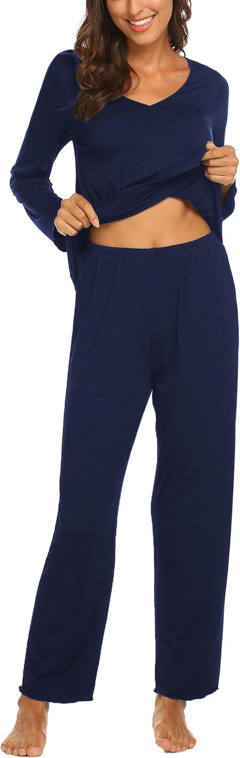 imageEkouaer Womens Pajama Sets 2 Piece Lounge Set Fall Winter Pajamas Long Sleeve Pjs Top and Pants Soft Pj Sets Loose SleepwearDark Blue