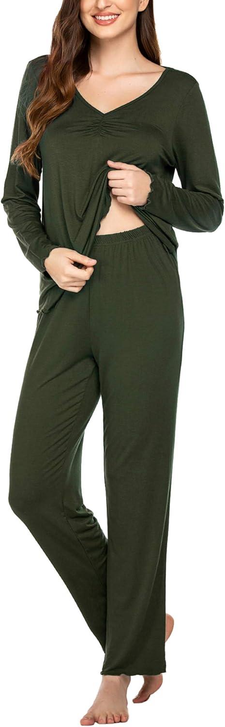imageEkouaer Womens Pajama Sets 2 Piece Lounge Set Fall Winter Pajamas Long Sleeve Pjs Top and Pants Soft Pj Sets Loose SleepwearDark Green