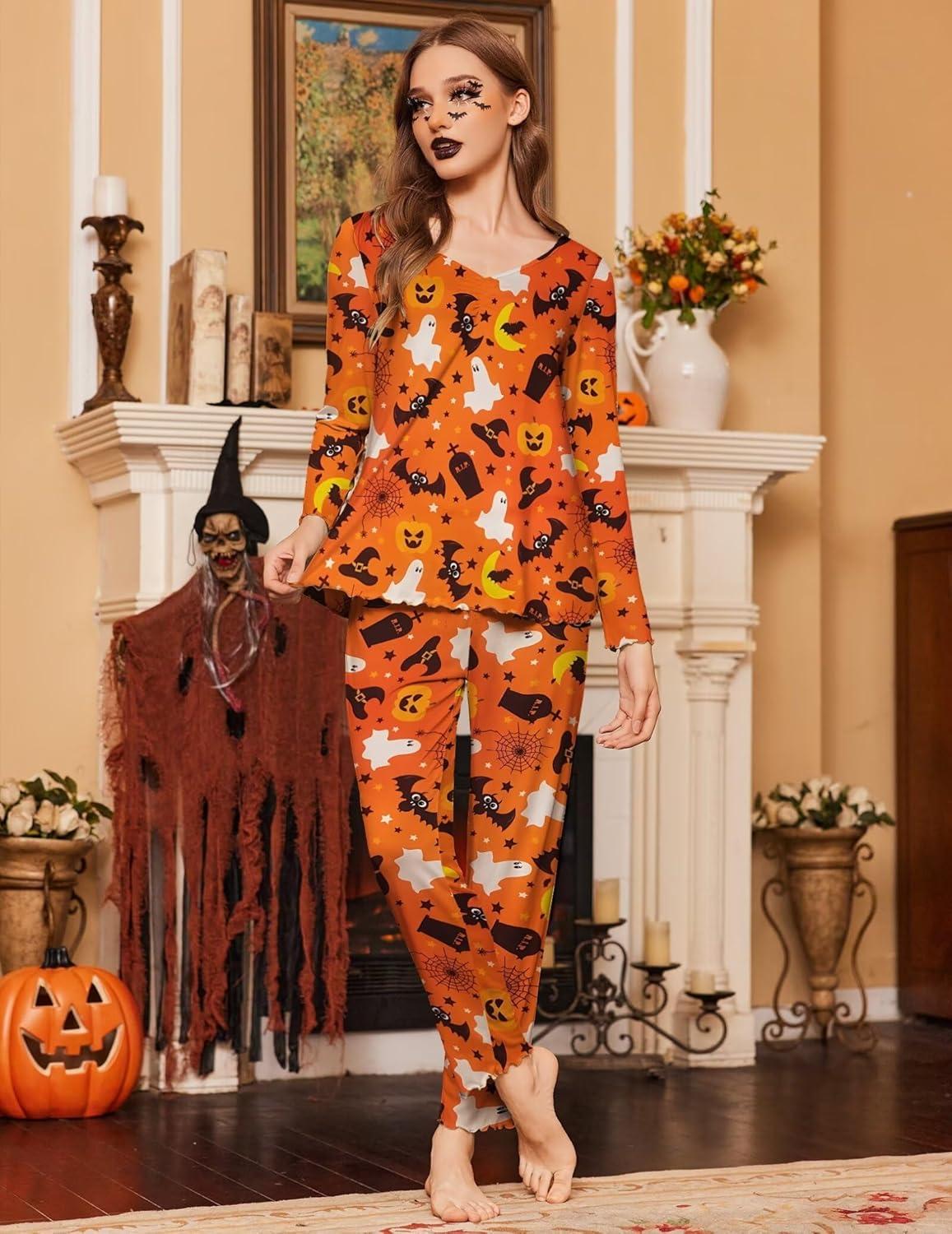imageEkouaer Womens Pajama Sets 2 Piece Lounge Set Fall Winter Pajamas Long Sleeve Pjs Top and Pants Soft Pj Sets Loose SleepwearHalloween Pattern