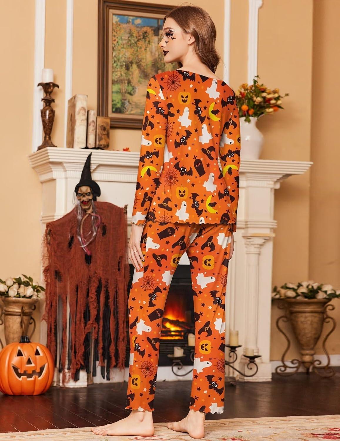 imageEkouaer Womens Pajama Sets 2 Piece Lounge Set Fall Winter Pajamas Long Sleeve Pjs Top and Pants Soft Pj Sets Loose SleepwearHalloween Pattern