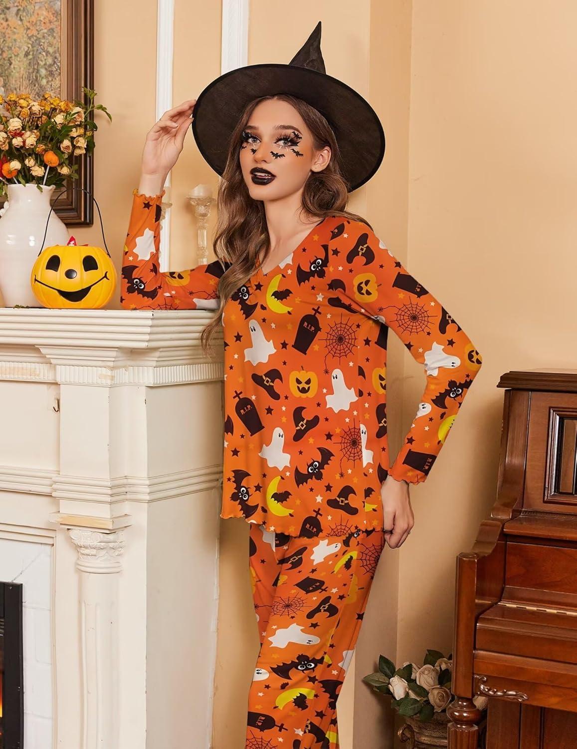 imageEkouaer Womens Pajama Sets 2 Piece Lounge Set Fall Winter Pajamas Long Sleeve Pjs Top and Pants Soft Pj Sets Loose SleepwearHalloween Pattern