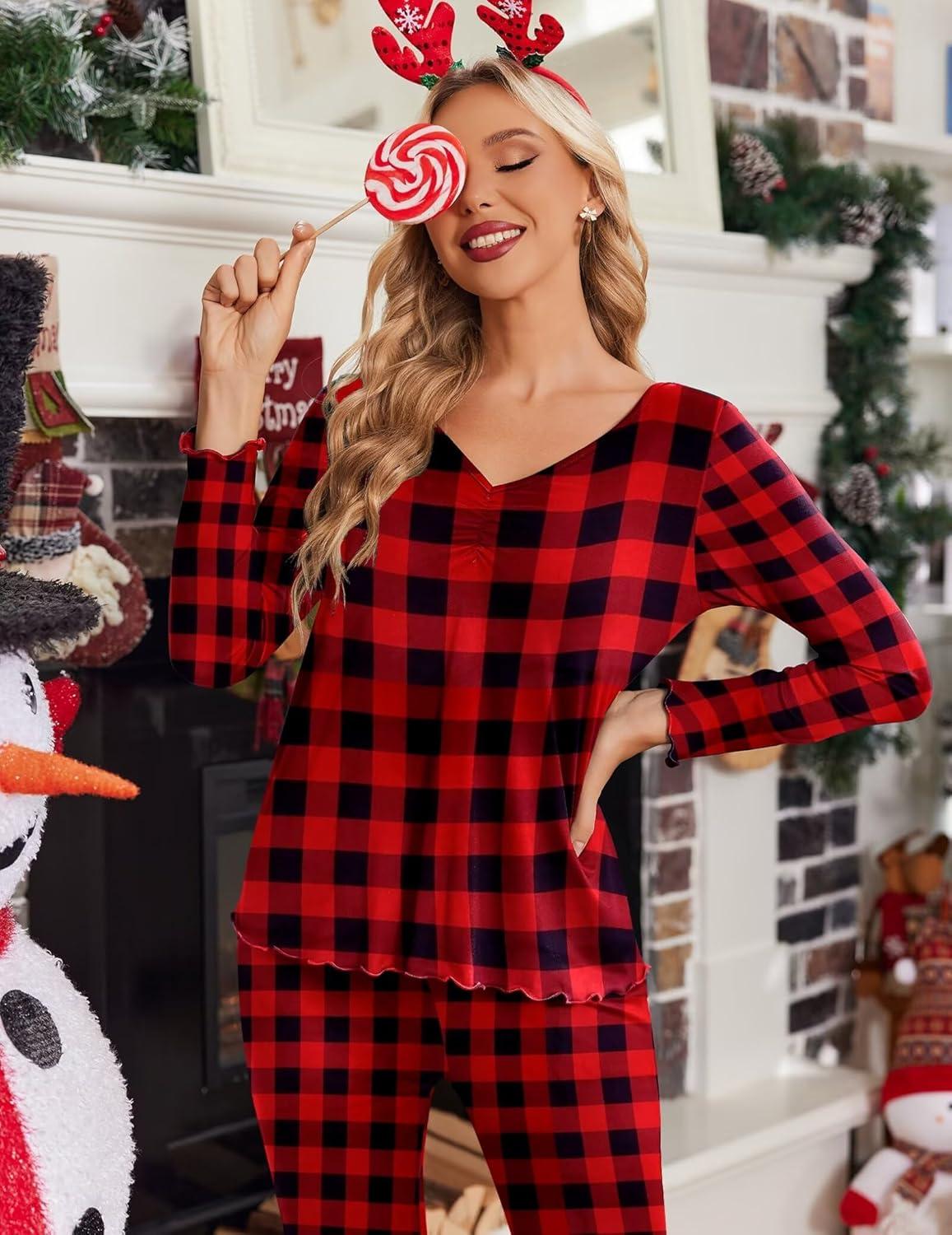imageEkouaer Womens Pajama Sets 2 Piece Lounge Set Fall Winter Pajamas Long Sleeve Pjs Top and Pants Soft Pj Sets Loose SleepwearMedium Chessboardblack and Red