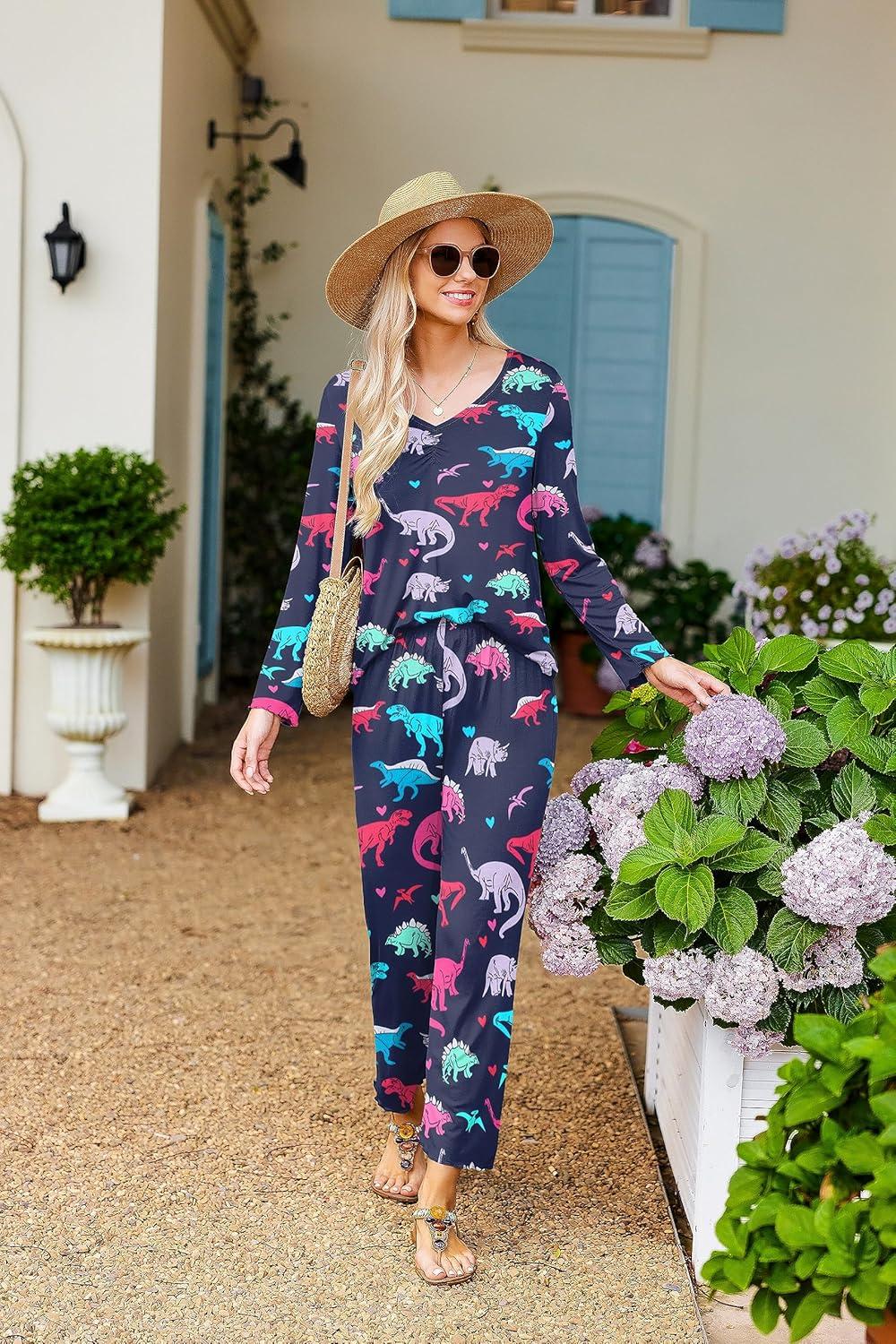 imageEkouaer Womens Pajama Sets 2 Piece Lounge Set Fall Winter Pajamas Long Sleeve Pjs Top and Pants Soft Pj Sets Loose SleepwearMulticolored Dinosaurs