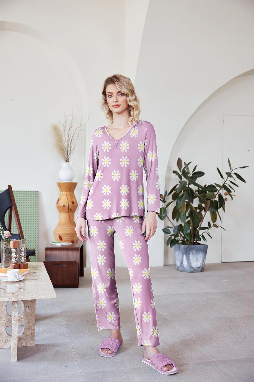 imageEkouaer Womens Pajama Sets 2 Piece Lounge Set Fall Winter Pajamas Long Sleeve Pjs Top and Pants Soft Pj Sets Loose SleepwearPurple Daisy Flowers