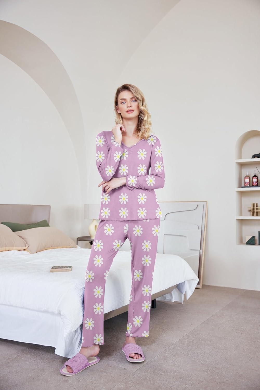 imageEkouaer Womens Pajama Sets 2 Piece Lounge Set Fall Winter Pajamas Long Sleeve Pjs Top and Pants Soft Pj Sets Loose SleepwearPurple Daisy Flowers
