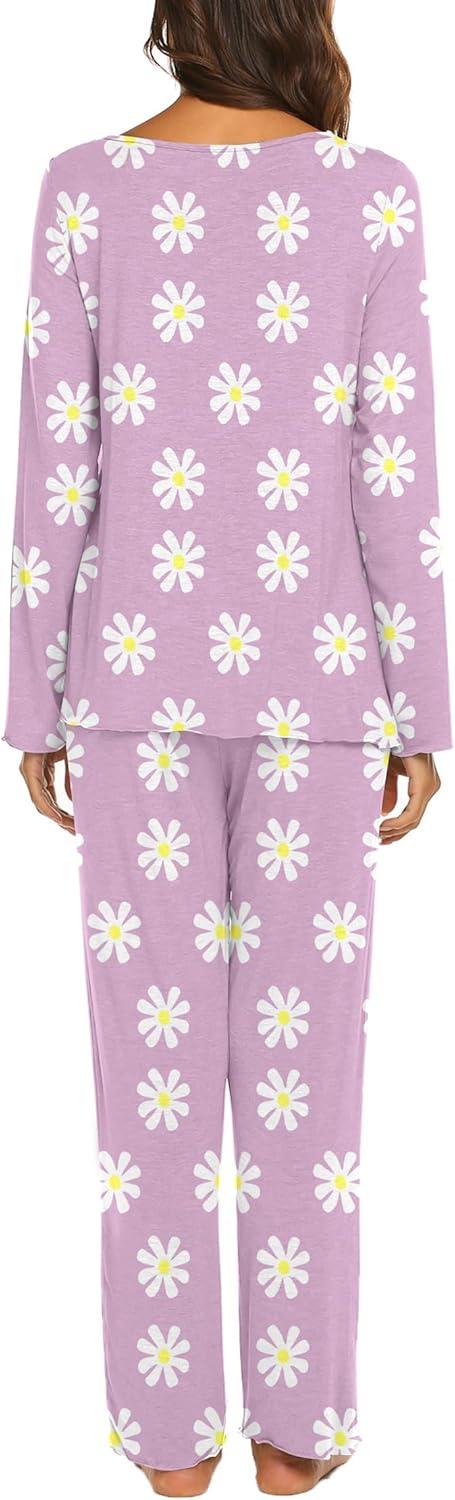 imageEkouaer Womens Pajama Sets 2 Piece Lounge Set Fall Winter Pajamas Long Sleeve Pjs Top and Pants Soft Pj Sets Loose SleepwearPurple Daisy Flowers