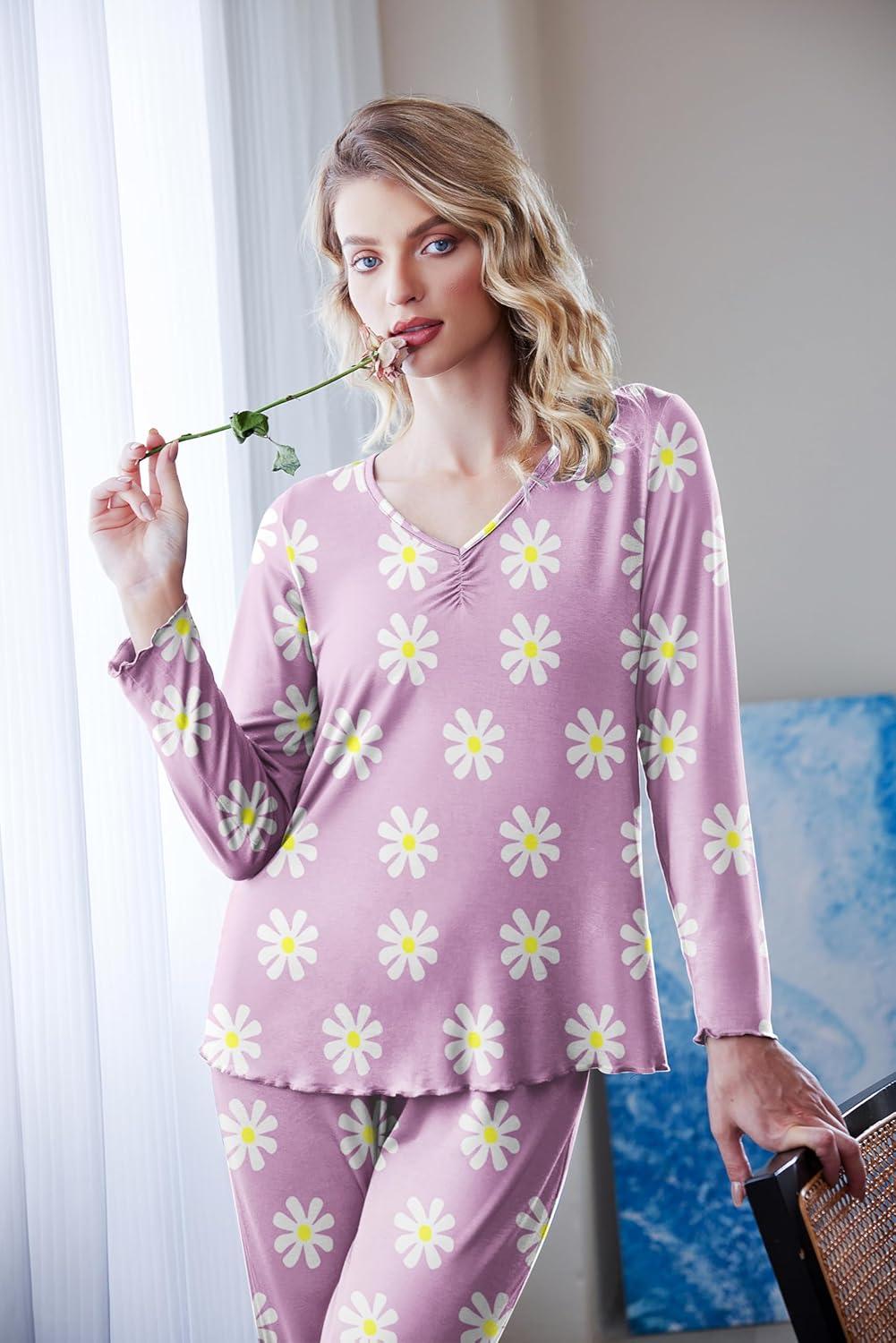 imageEkouaer Womens Pajama Sets 2 Piece Lounge Set Fall Winter Pajamas Long Sleeve Pjs Top and Pants Soft Pj Sets Loose SleepwearPurple Daisy Flowers