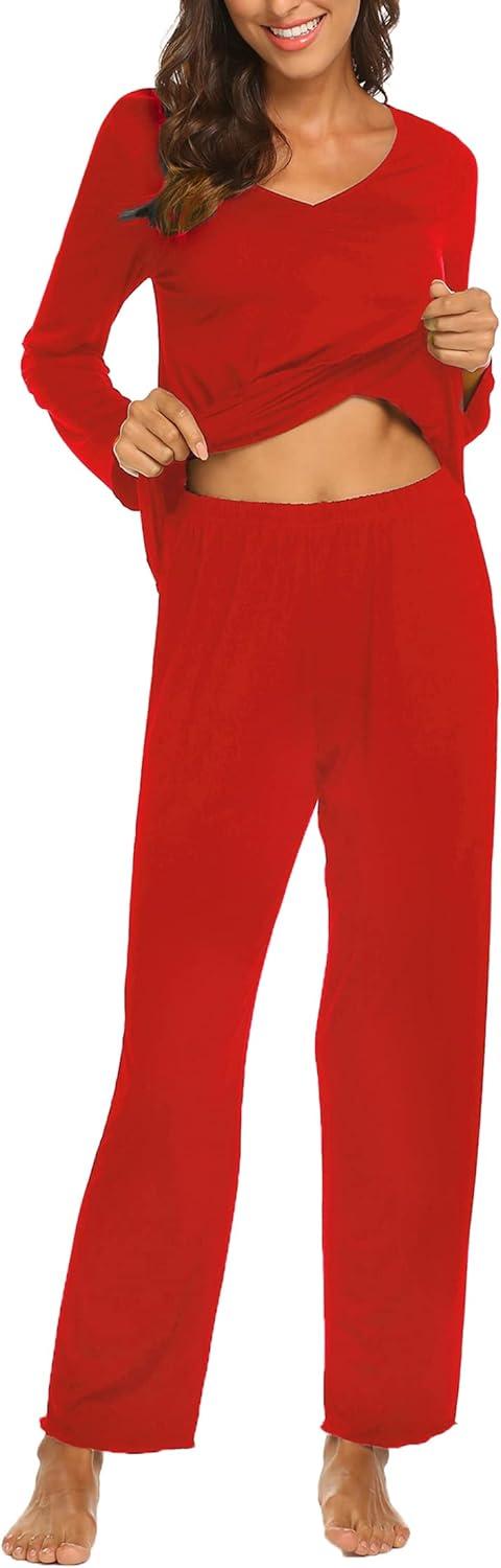 imageEkouaer Womens Pajama Sets 2 Piece Lounge Set Fall Winter Pajamas Long Sleeve Pjs Top and Pants Soft Pj Sets Loose SleepwearRed